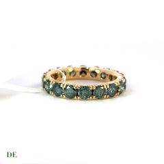 Rare Classic 14k Yellow Gold 3.02 Carat Teal Green Diamond Eternity Band Ring