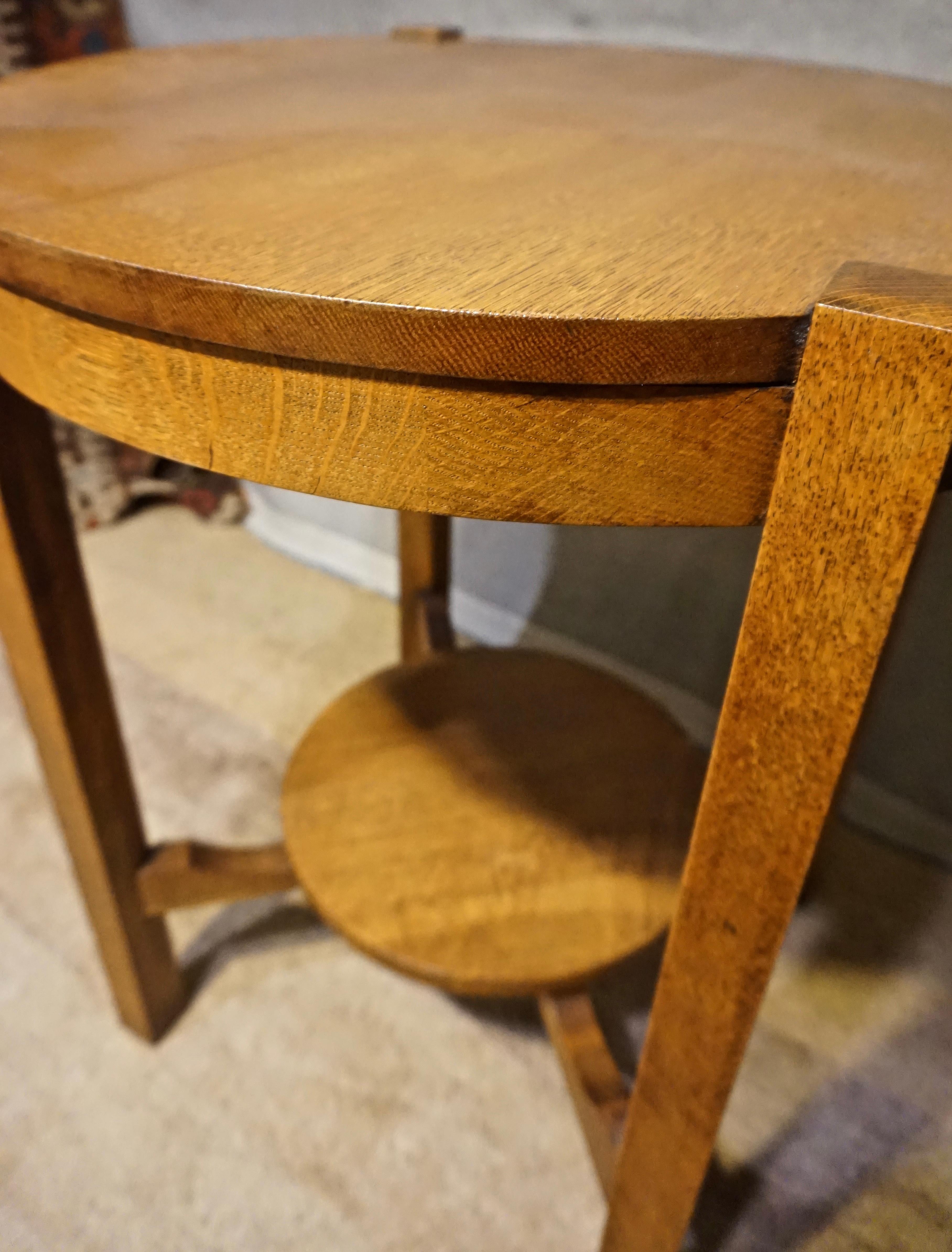 Rare Clean Lined Arts & Crafts Quarter Sawn Oak Round Table with Tier 2