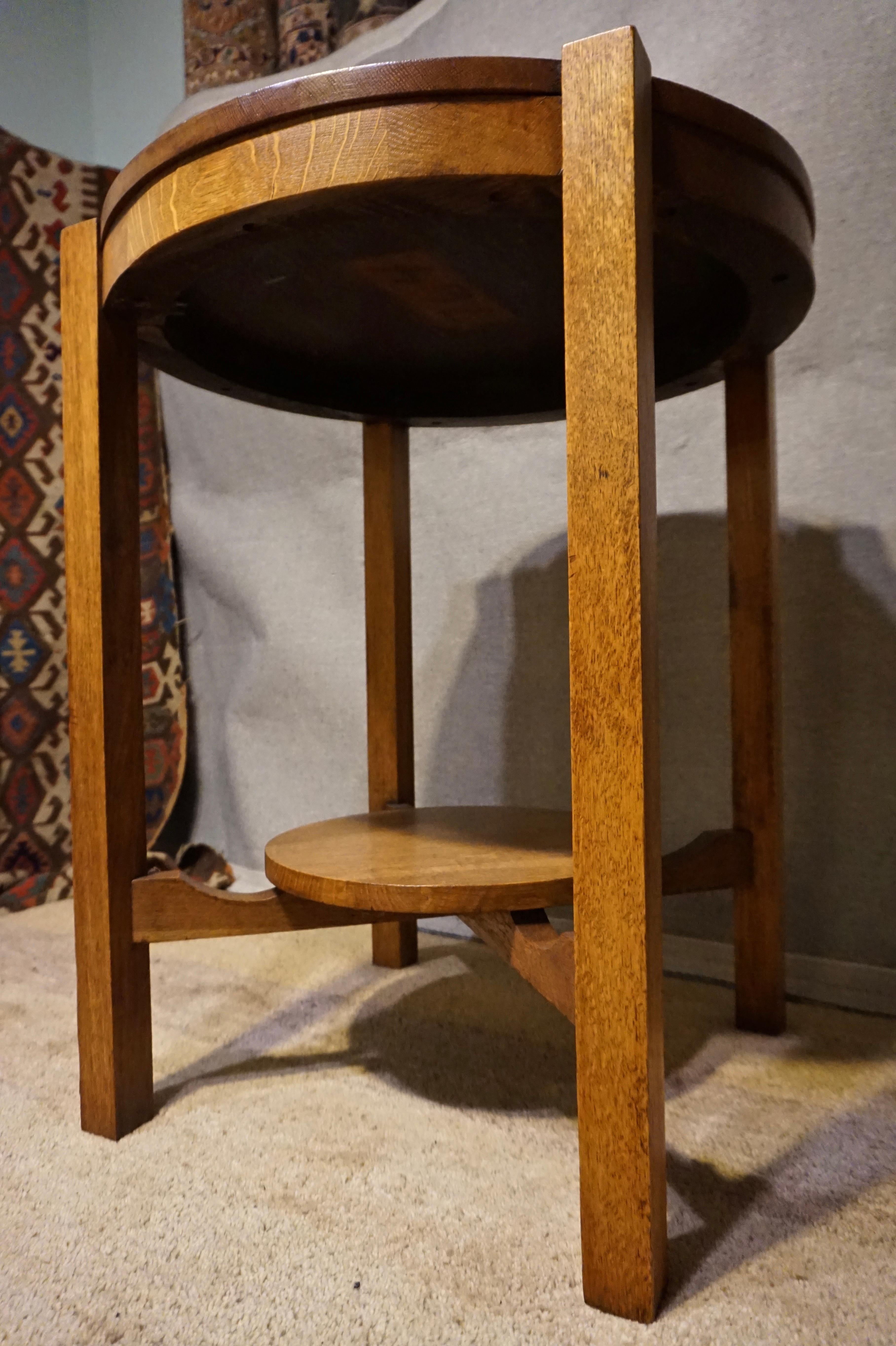 English Rare Clean Lined Arts & Crafts Quarter Sawn Oak Round Table with Tier