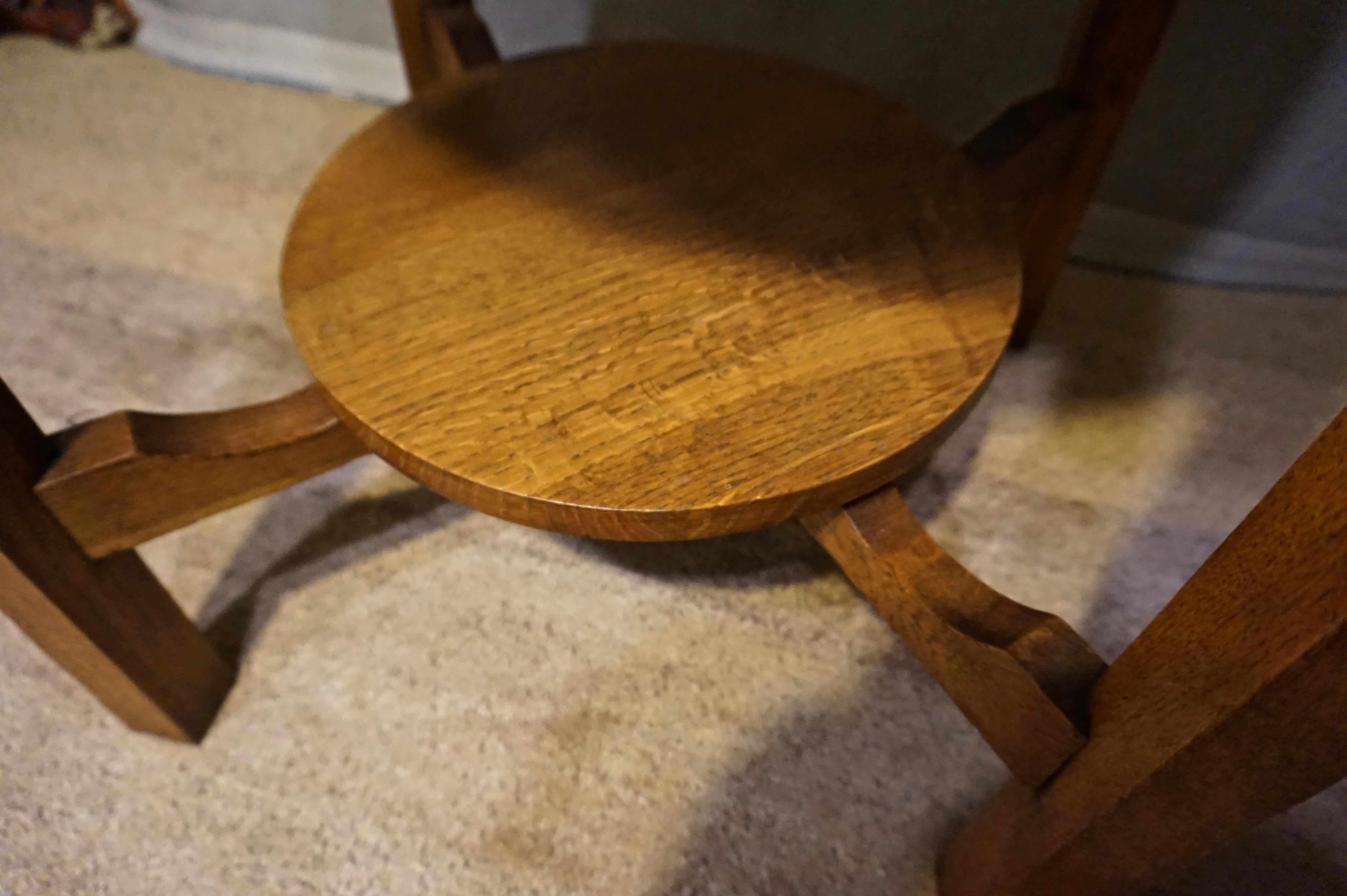 Carved Rare Clean Lined Arts & Crafts Quarter Sawn Oak Round Table with Tier