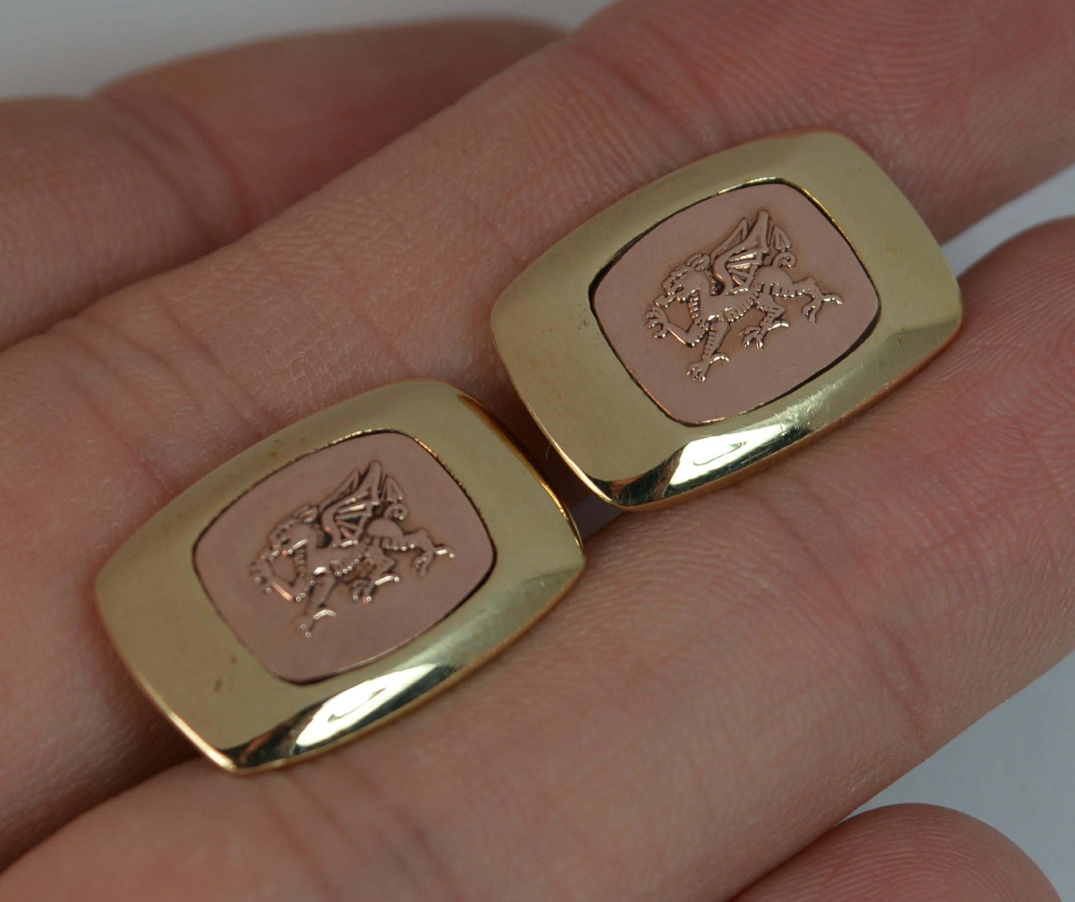 
A quality pair of designer CLOGAU 9 carat gold cufflinks.

Stylish shape and design. Curved rectangular design. 

Made in 9 carat yellow gold with a rose gold panel to the centre with Welsh dragon design.


CONDITION ; Excellent. Good hinge. Crisp