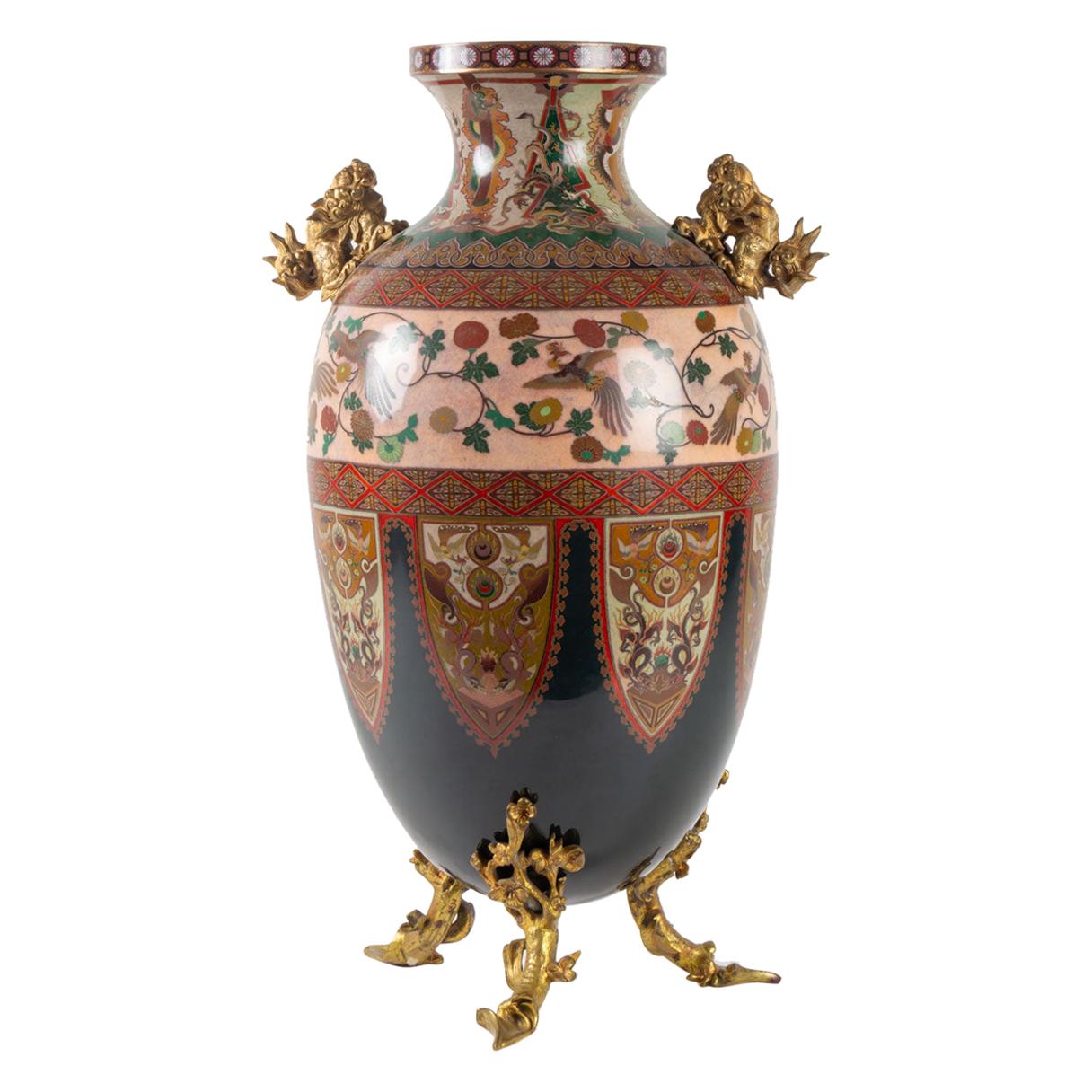 Rare "Cloisonné" Enamel Vase, Gilt Bronze Mounts, France, Attributed to Lievre For Sale