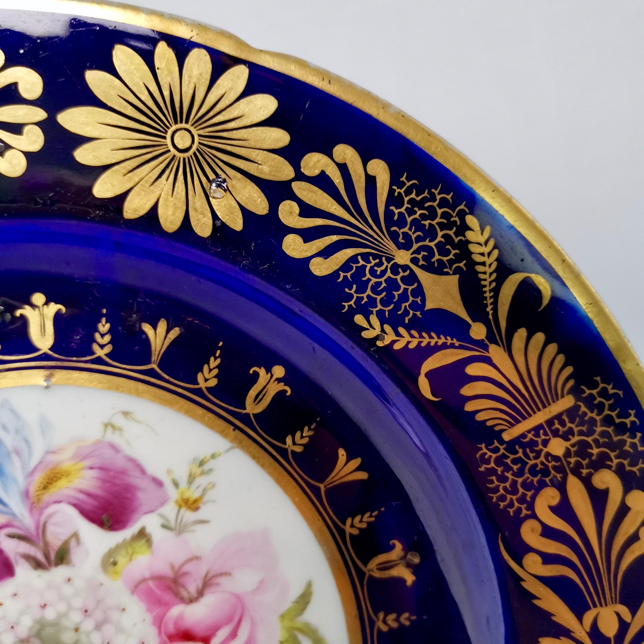 George III Rare Coalport John Rose Plate, Cobalt Blue, Sublime Flowers and Gilt, circa 1800