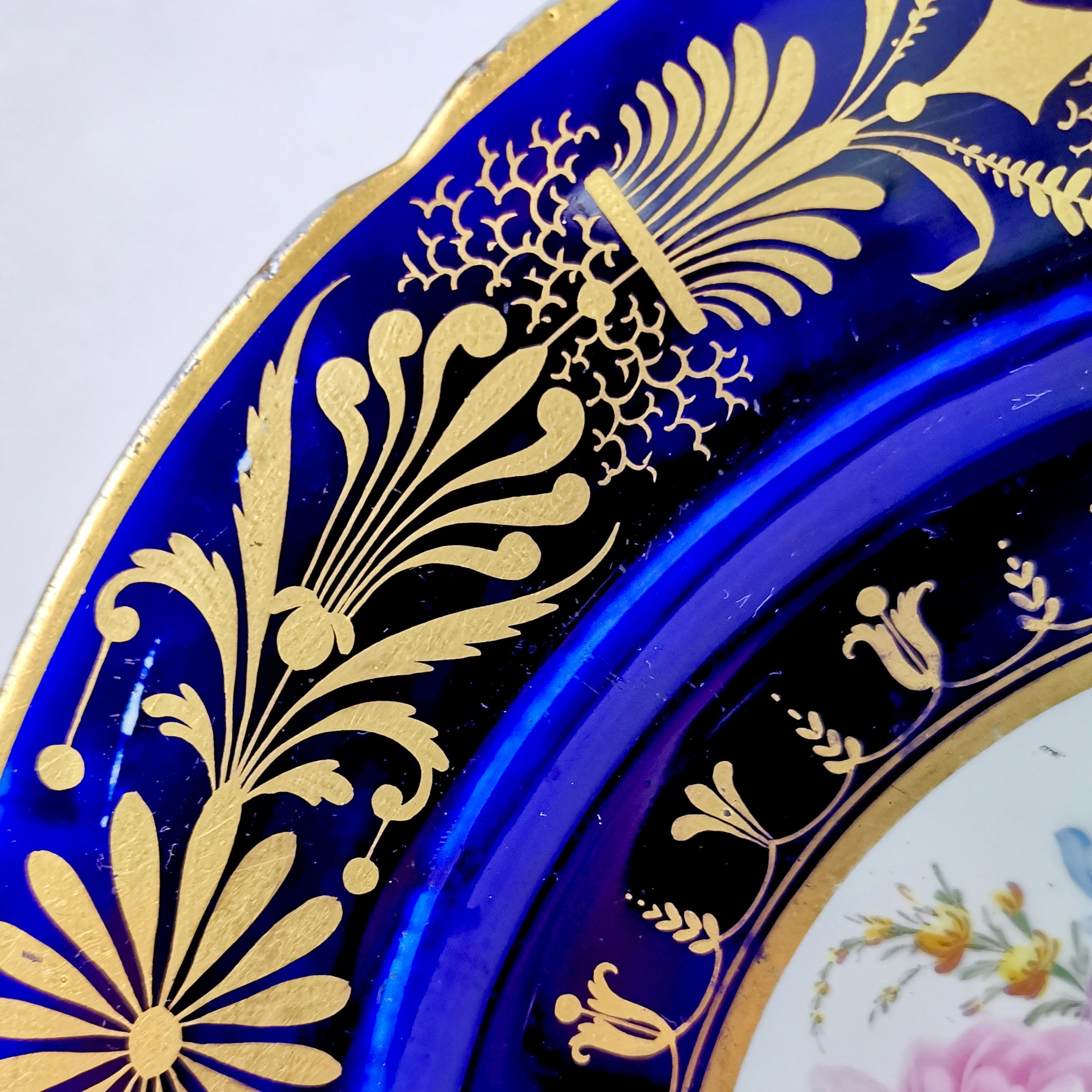 English Rare Coalport John Rose Plate, Cobalt Blue, Sublime Flowers and Gilt, circa 1800