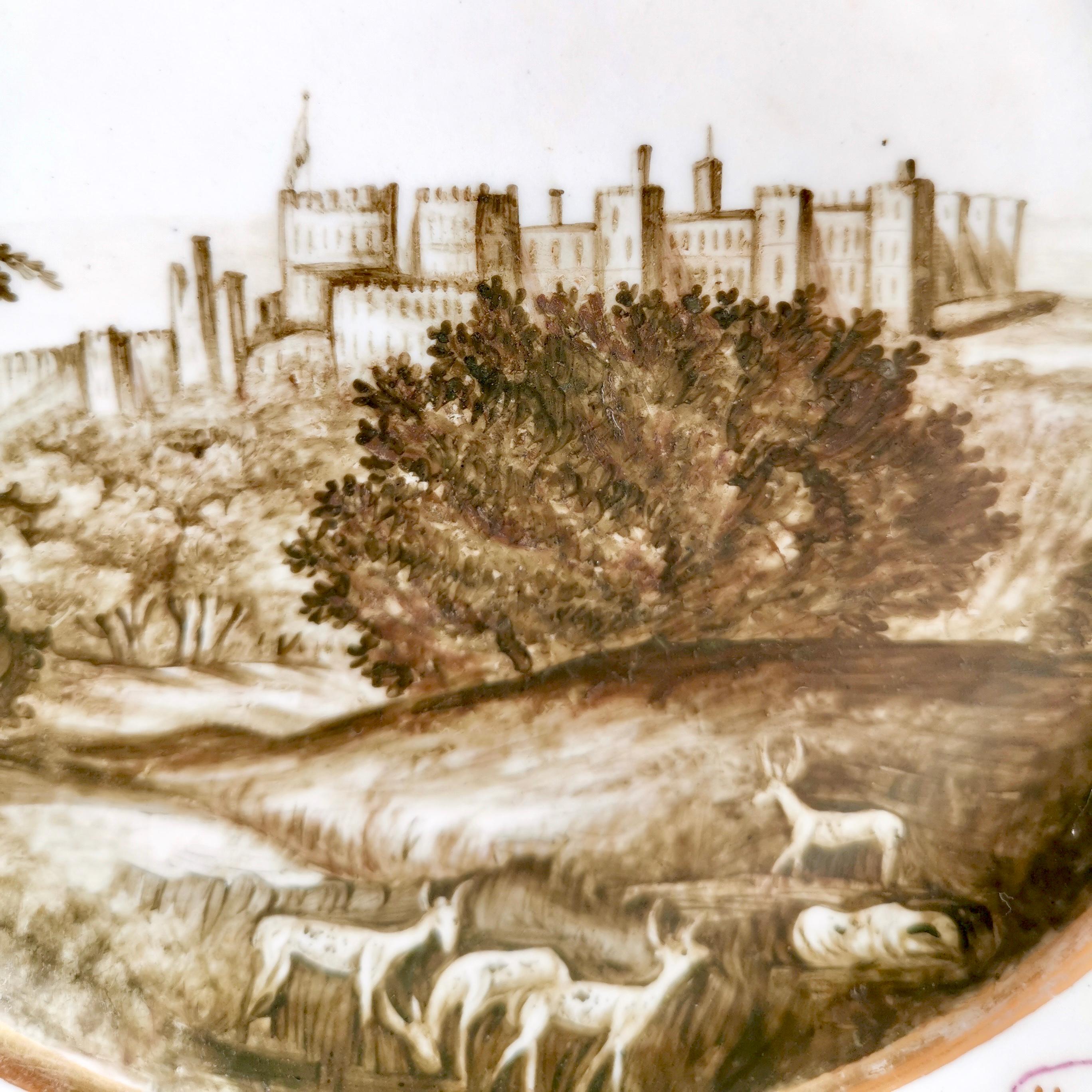 George III Assiette de Coalport, château de Windsor avec cerf, Sepia, Thomas Baxter, géorgien, vers 1805 en vente