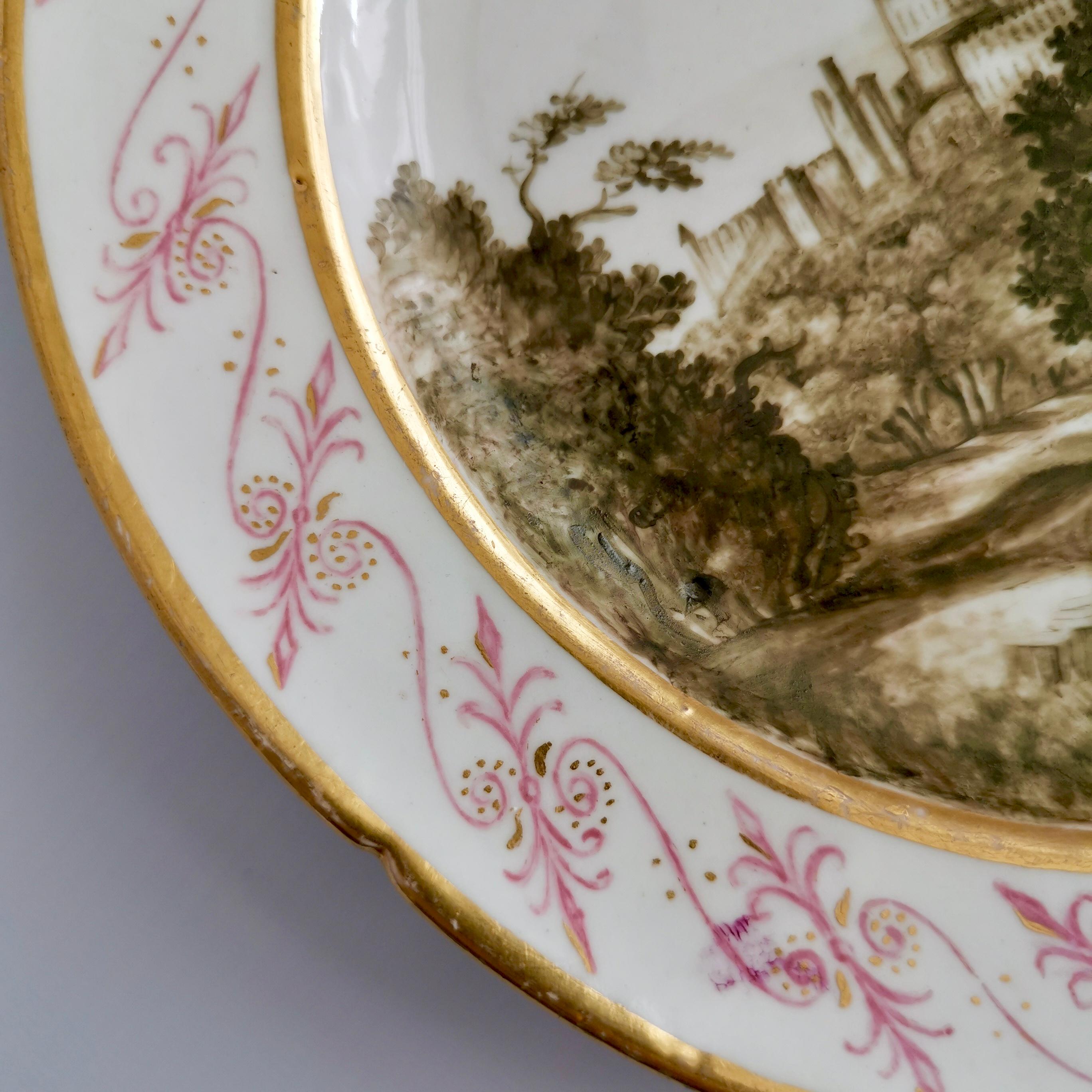 Anglais Assiette de Coalport, château de Windsor avec cerf, Sepia, Thomas Baxter, géorgien, vers 1805 en vente