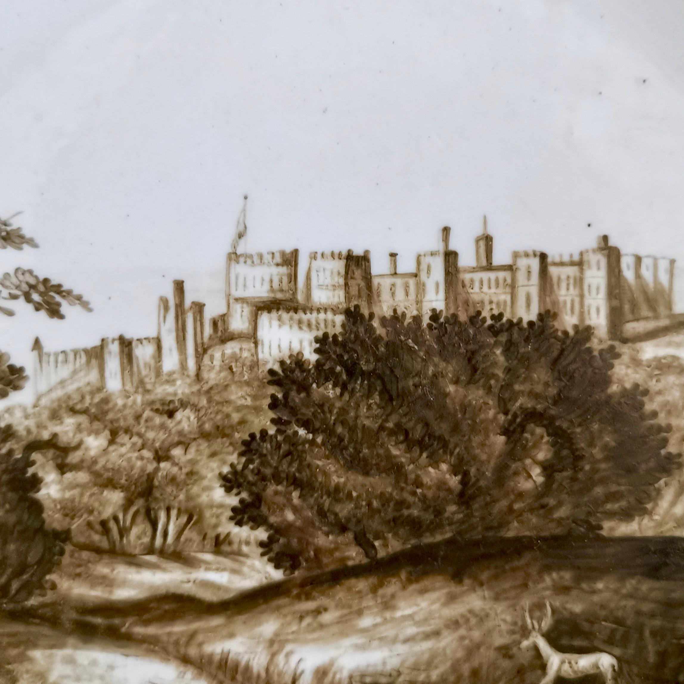 Hand-Painted Coalport Plate, Windsor Castle with Deer, Sepia, Thomas Baxter, Georgian ca 1805 For Sale