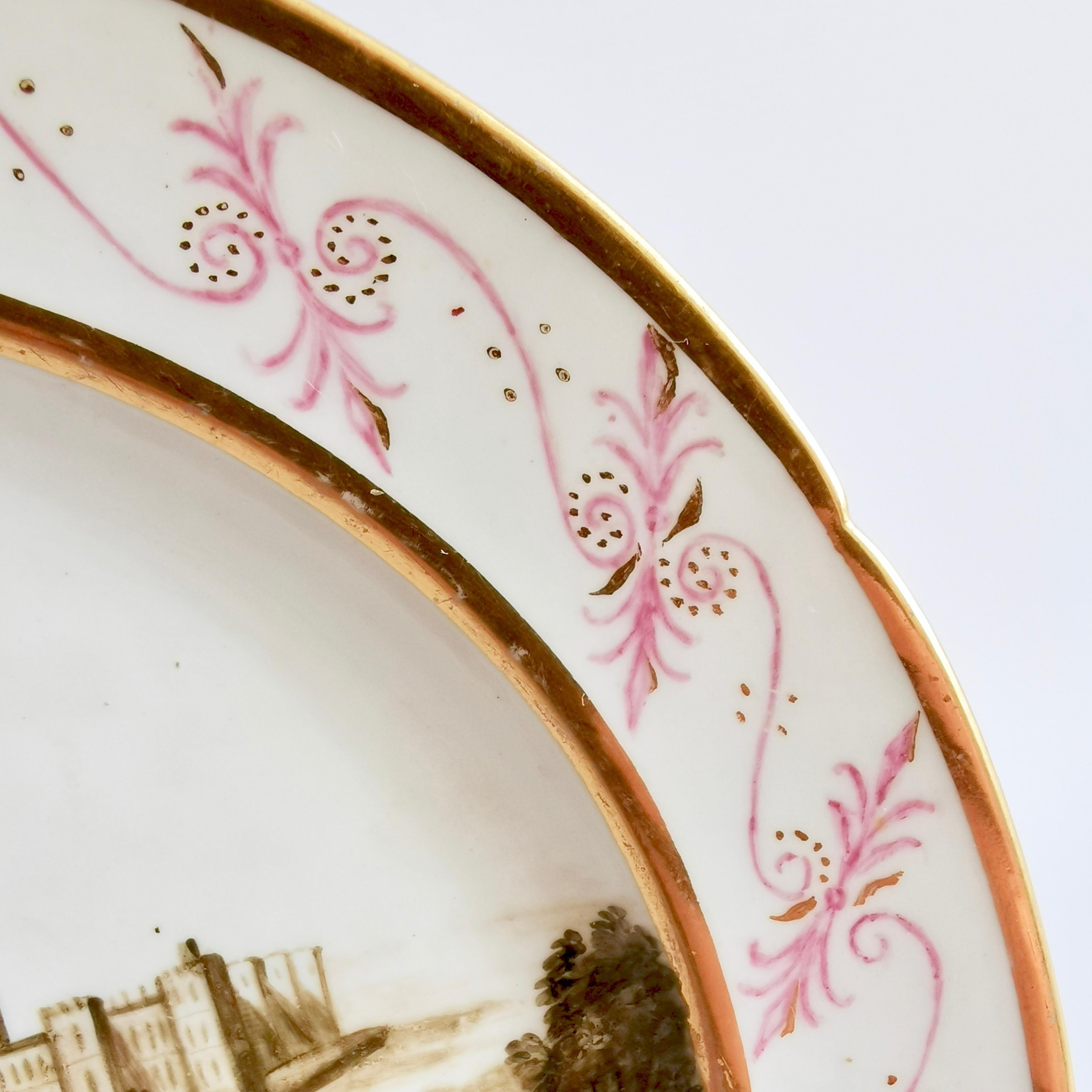 Coalport Plate, Windsor Castle with Deer, Sepia, Thomas Baxter Studio, ca 1805 In Good Condition In London, GB
