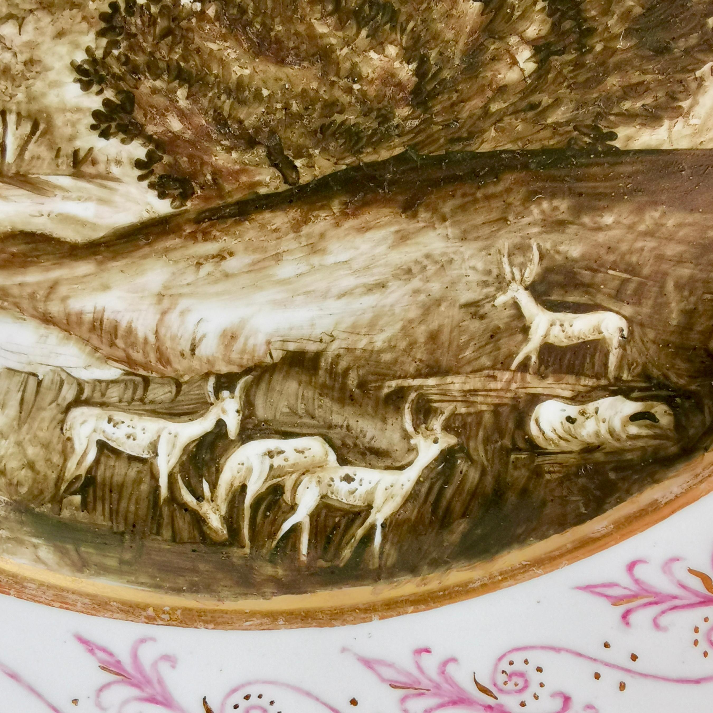 Early 19th Century Coalport Plate, Windsor Castle with Deer, Sepia, Thomas Baxter Studio, ca 1805
