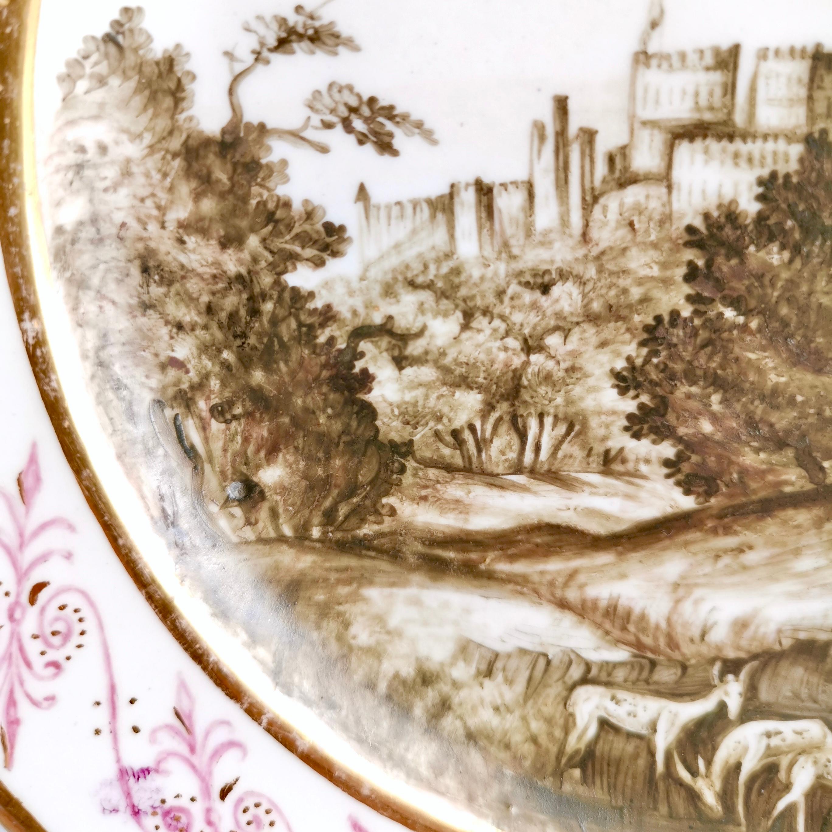 Porcelaine Assiette de Coalport, château de Windsor avec cerf, Sepia, Thomas Baxter, géorgien, vers 1805 en vente