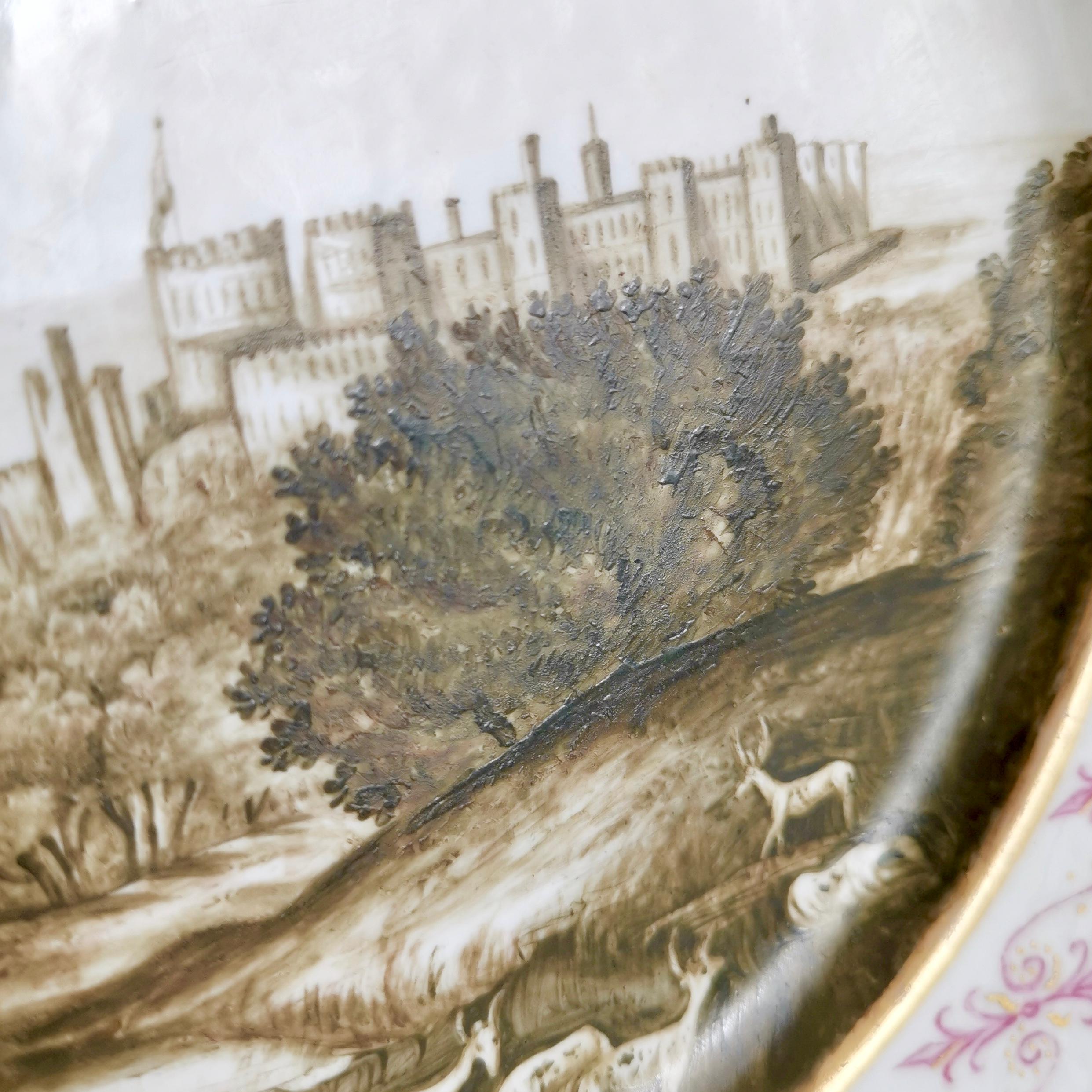 Coalport Plate, Windsor Castle with Deer, Sepia, Thomas Baxter Studio, ca 1805 1