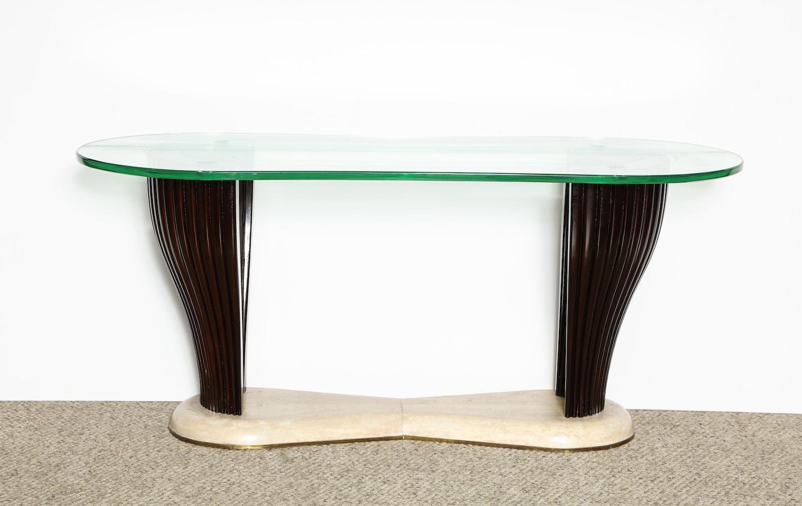 Curved and ribbed wood base with parchment-covered foot. Irregular glass top with etched surface.