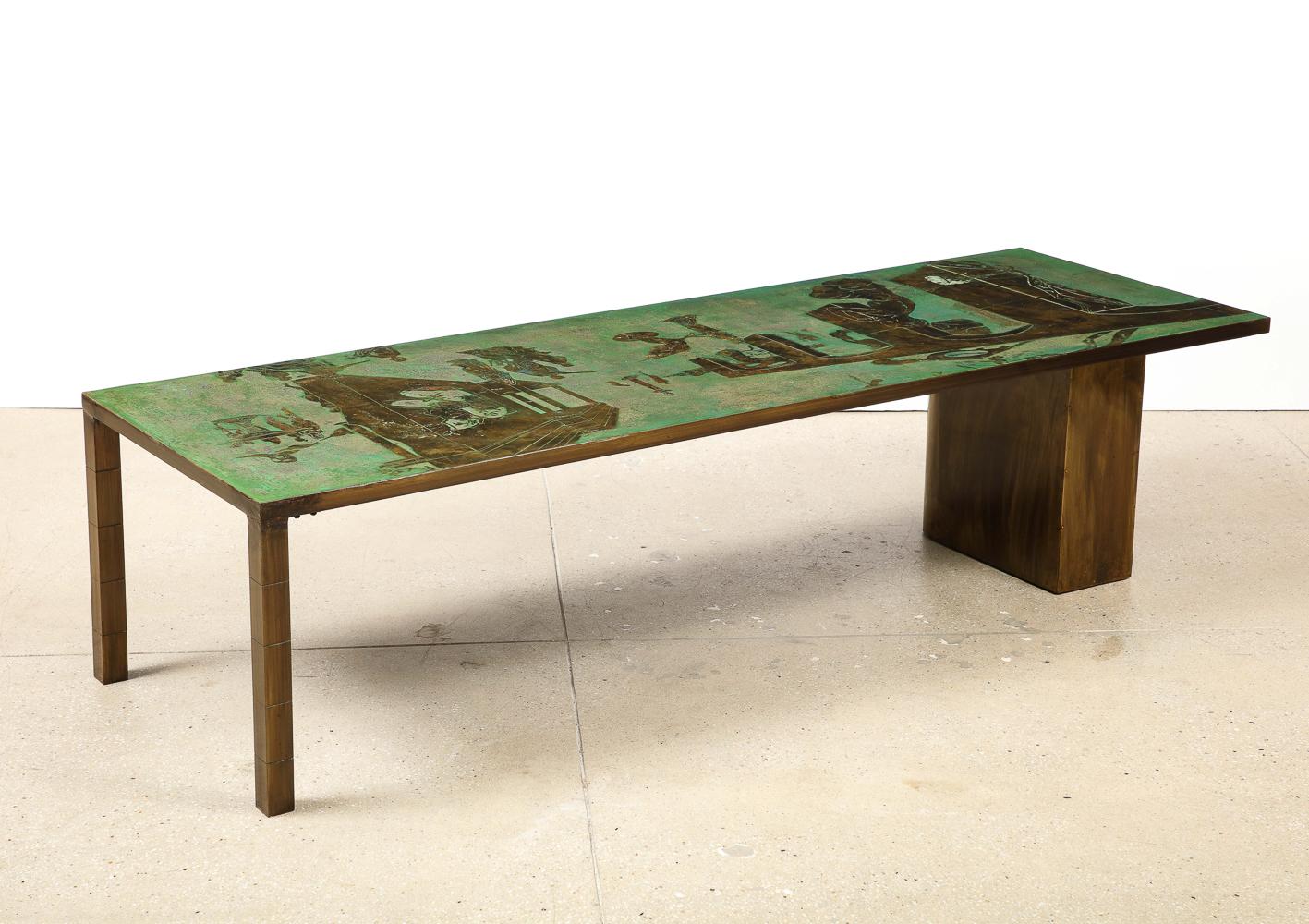 Patinated bronze, enameled pewter, wood. Large scale 3-legged cocktail table. Etched design in homage of Salvador Dali's 