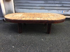 Rare Coffee Table by Roger Capron Oak Base, Terracotta Plate, France Early 1950s