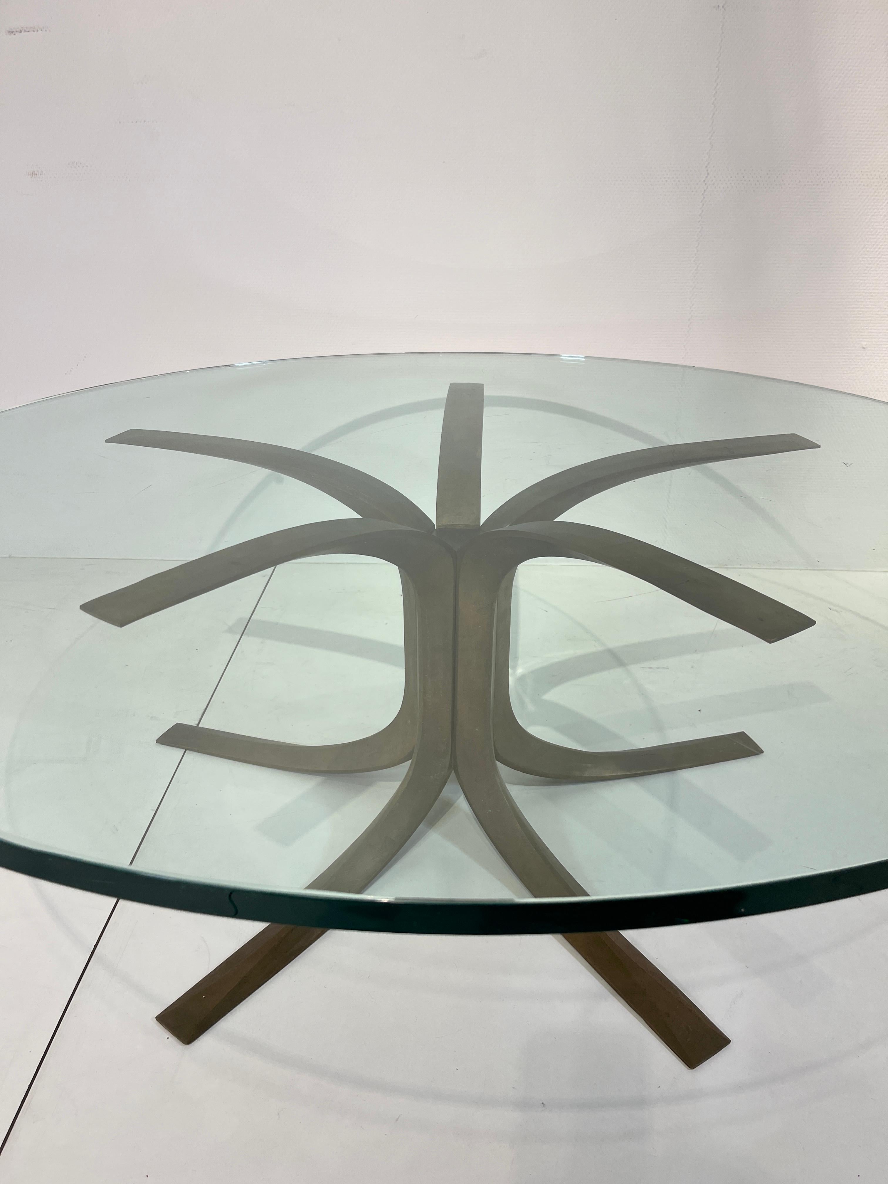 Very rare coffee table in bronze by Jules Wabbes. Belgium circa 1960 
Dimension with glass 120cm x 43cm.
Dimension without the glass 79cm X 40cm.
possibility of re-cutting the glass.