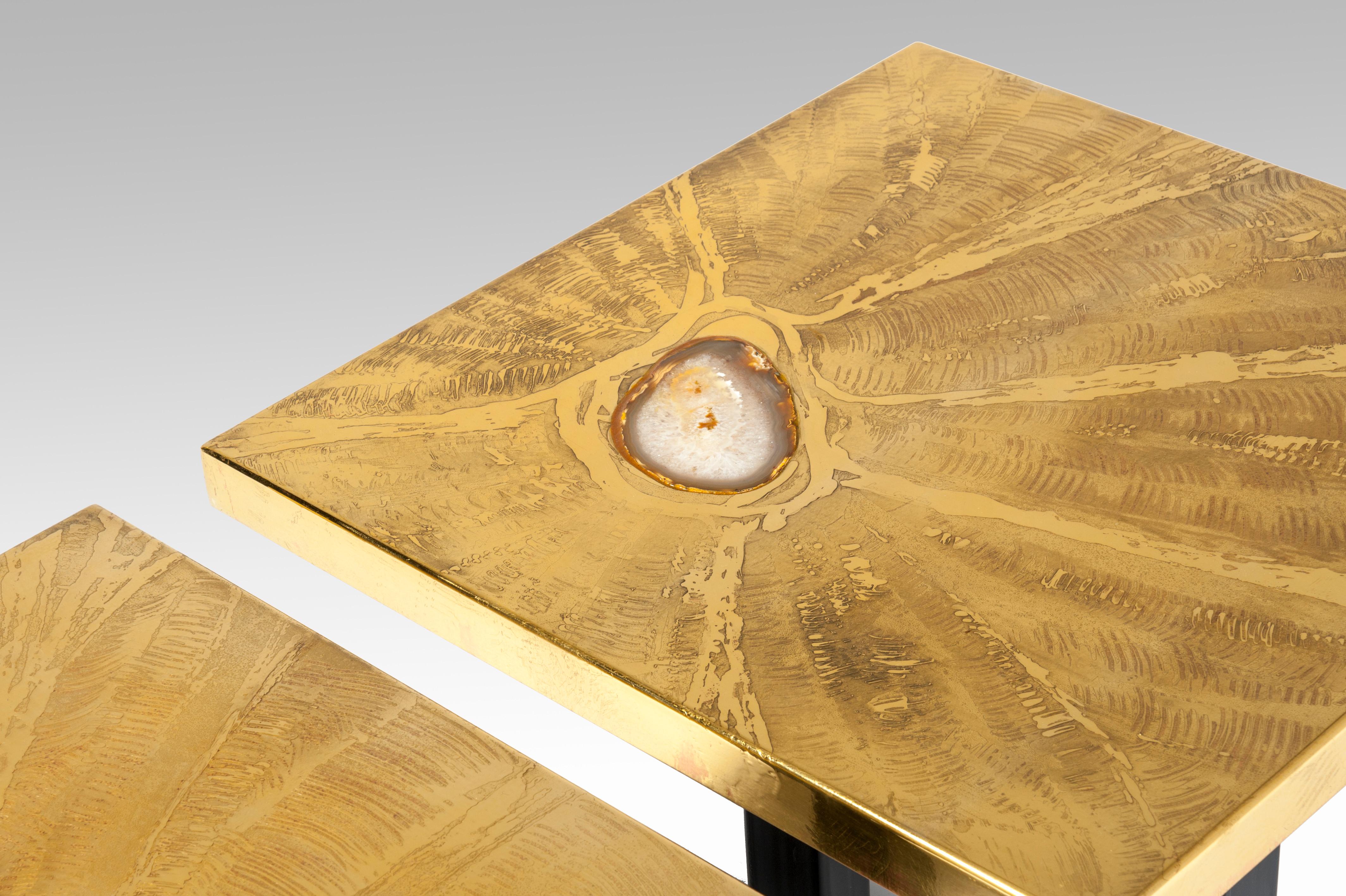 Rare Coffee Table in Etched Brass Inlay Agates by Lova Creation 1