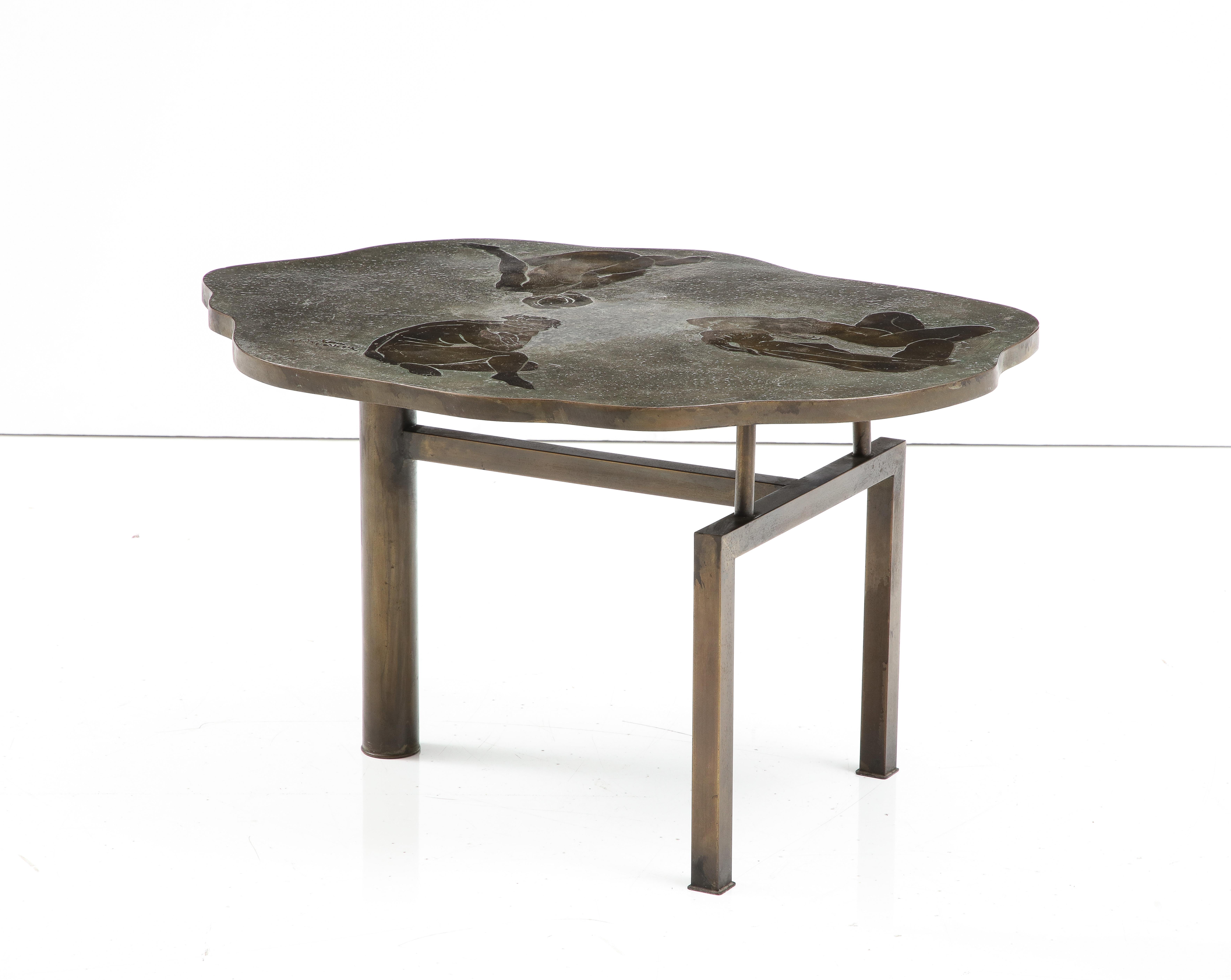 “The Bathers”, rare coffee table in patinated bronze and pewter by Philip and Kelvin LaVerne, American 1960s. Signed on top “Kelvin + Philip LaVerne” . This design is considered one of the LaVerne’s most striking and important figural designs. The