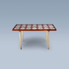 Danish modern coffee table with tiles in red blue, white nuances and bronze legs