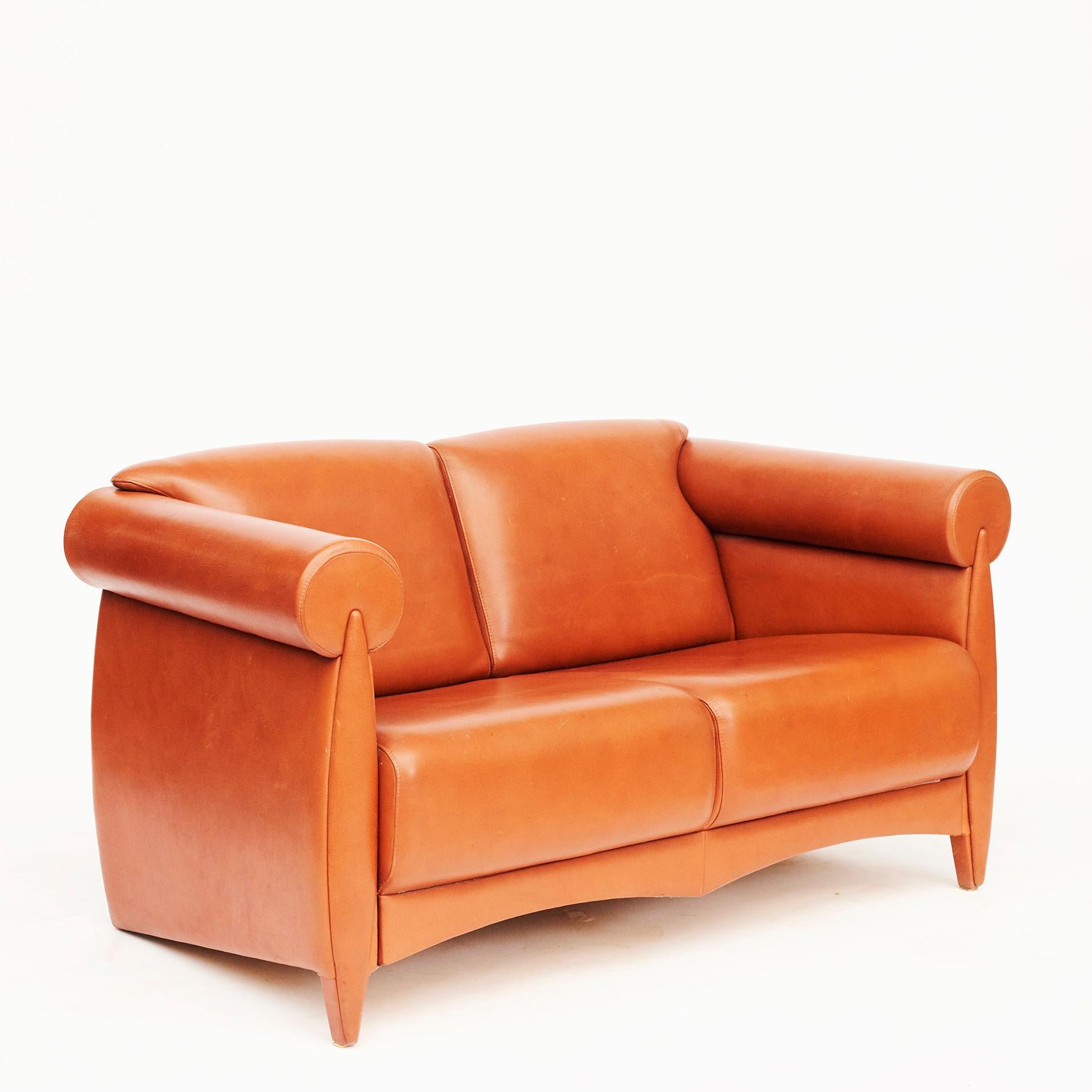 This rare prototype sofa by Klaus Wettergren is upholstered with a cognac colored leather. A rare sofa as it was only made in limited quantity by orders.

Klaus Wettergren (born in 1943) is a Danish designer. His style is based on a fascination