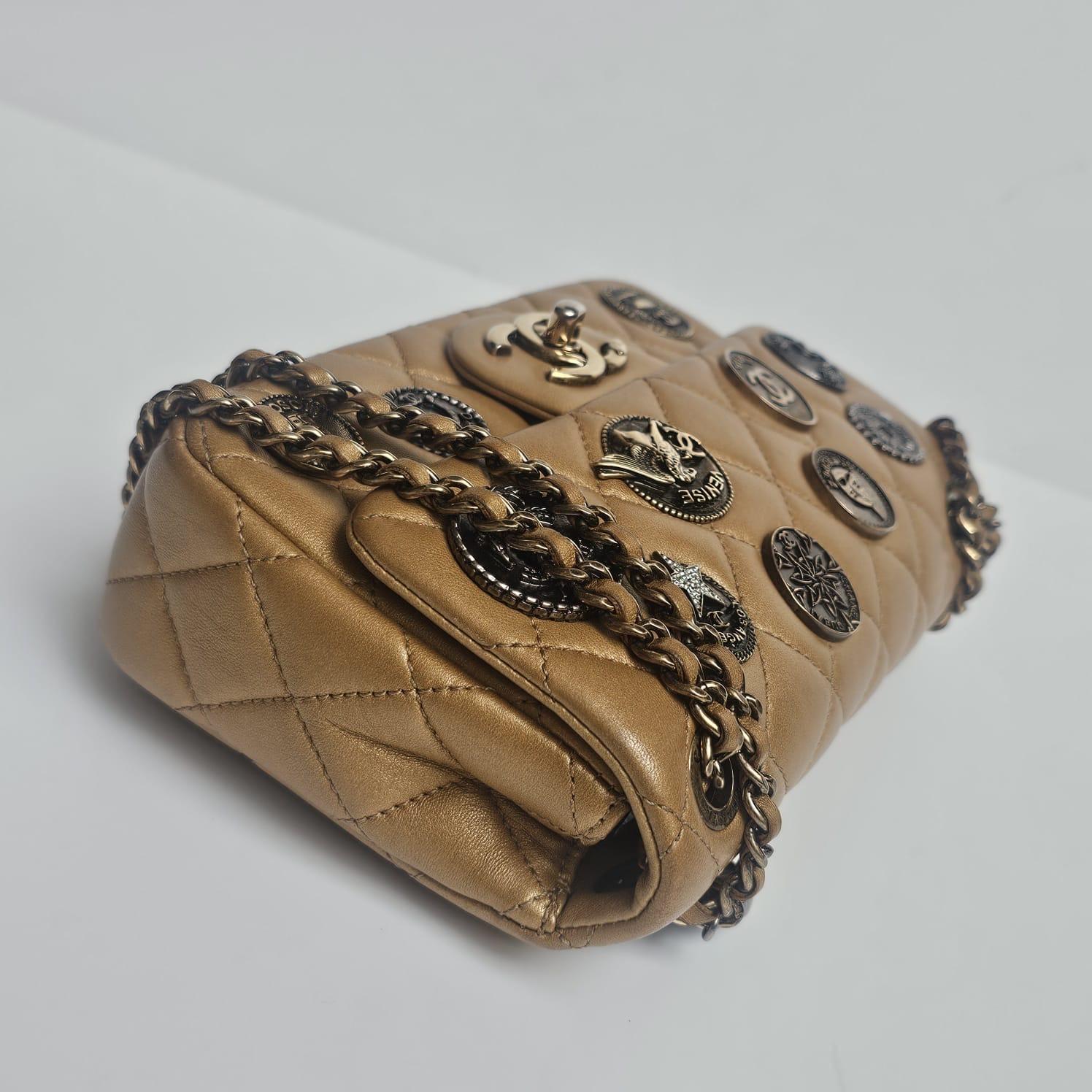 Rare Coin Medallion Gold Aged Calfskin Mini Classic Flap Bag en vente 2