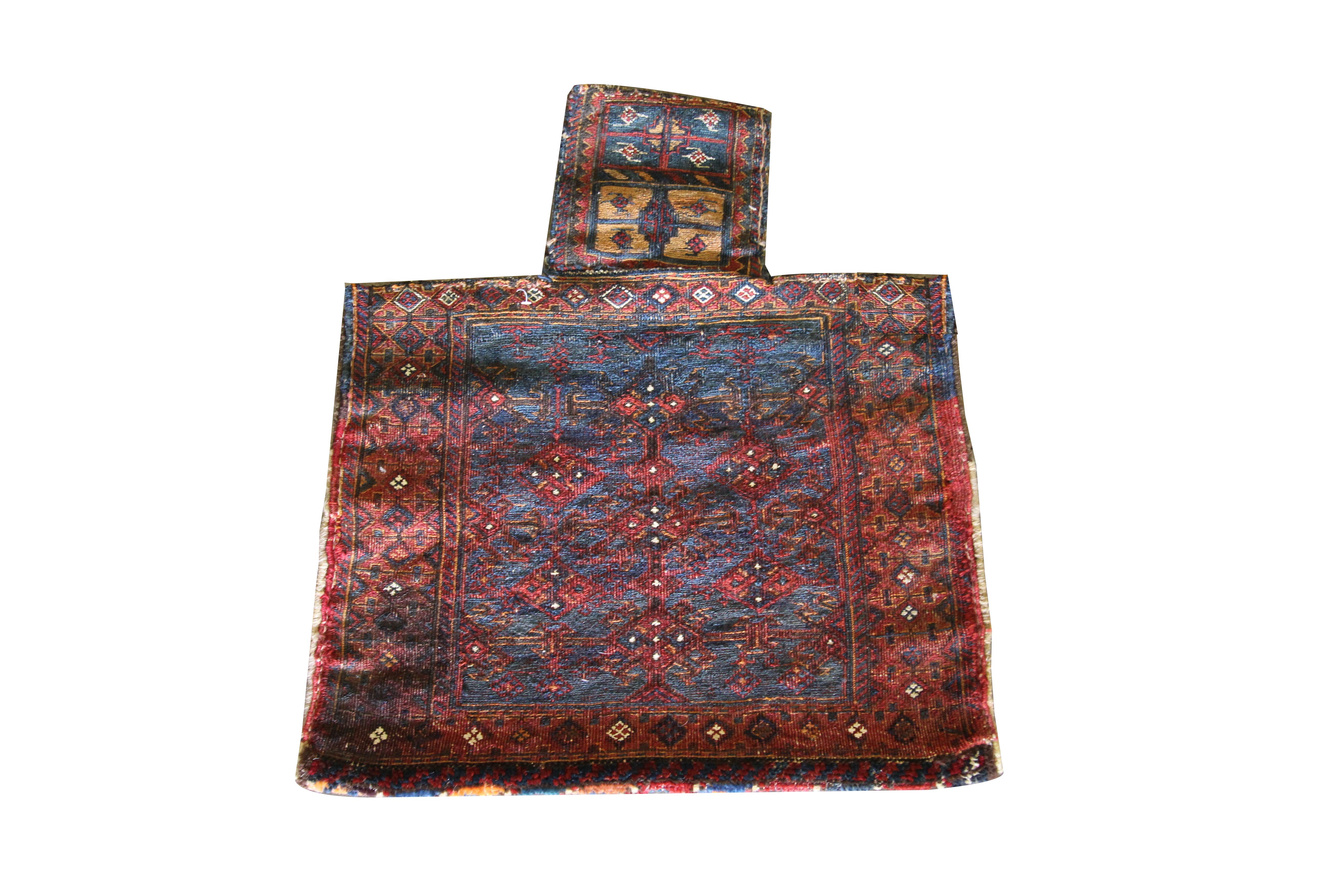 Rare Collectable Salt Bag Handwoven Oriental Red Blue Wool Rug For Sale