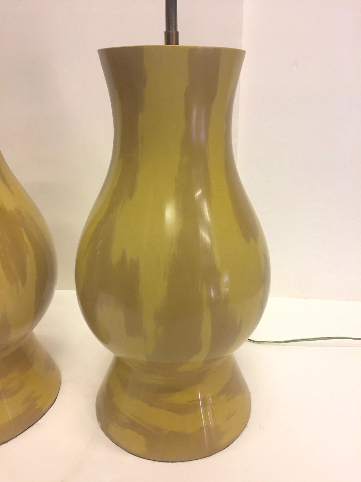Rare Collectible Pair of Karl Springer Mustard and Khaki Ceramic Lamps For Sale 3
