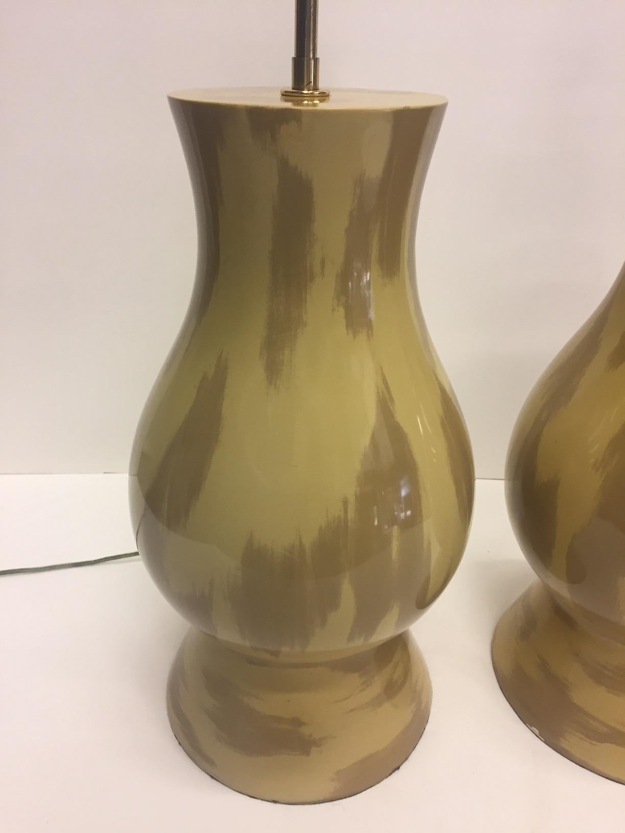 Mid-Century Modern Rare Collectible Pair of Karl Springer Mustard and Khaki Ceramic Lamps For Sale