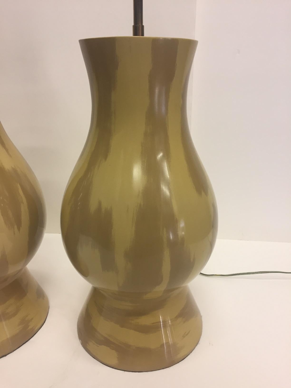 North American Rare Collectible Pair of Karl Springer Mustard and Khaki Ceramic Lamps For Sale