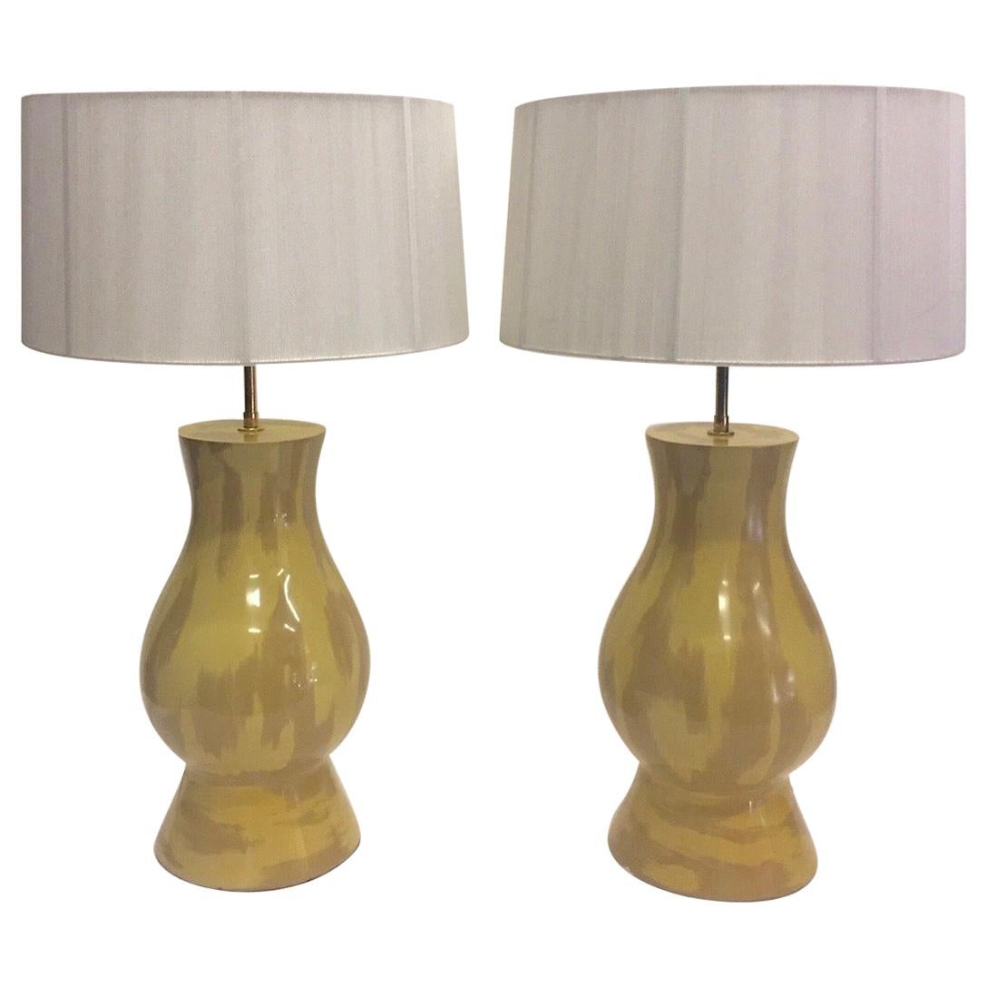 Rare Collectible Pair of Karl Springer Mustard and Khaki Ceramic Lamps For Sale