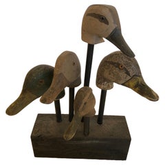 Rare Collection of Antique Duck Decoy Heads Hand Made Rustic Sculpture