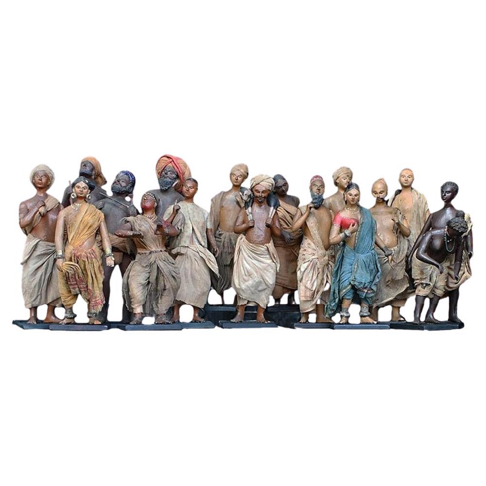 Rare Collection of Late 19th Century Hand Crafted Wooden Indian Peasant Figures