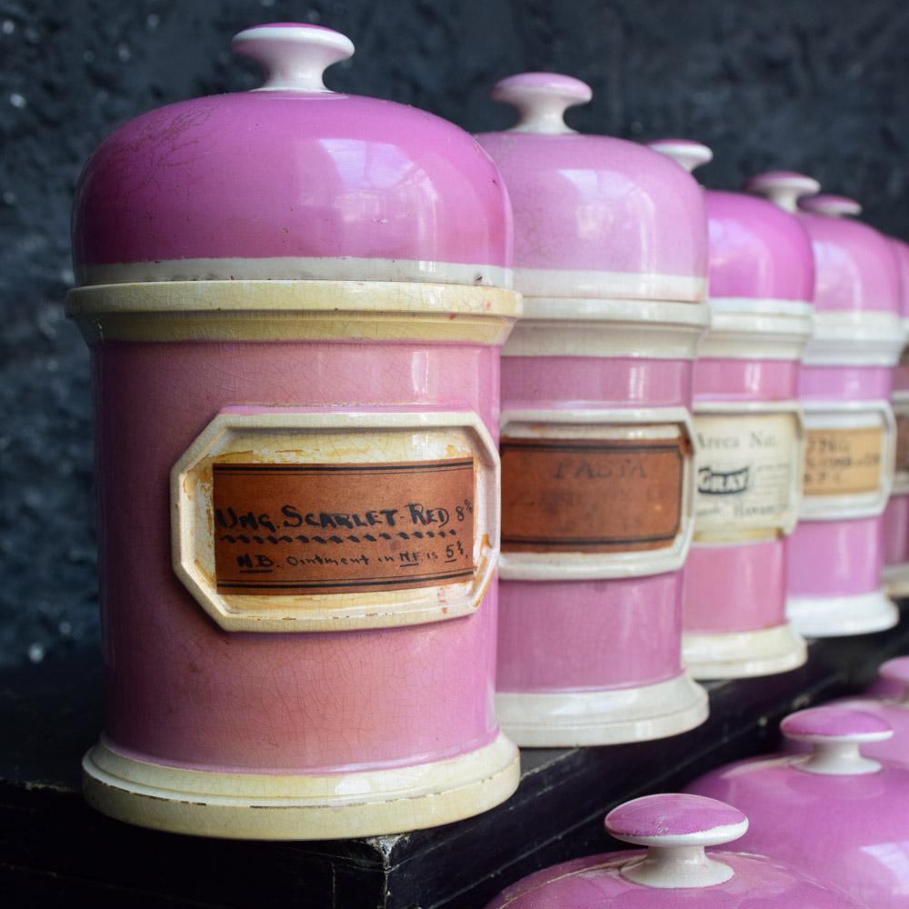 Rare Collection of Puce Pink Ground Porcelain Apothecary Jars, circa 1880 In Fair Condition In London, GB
