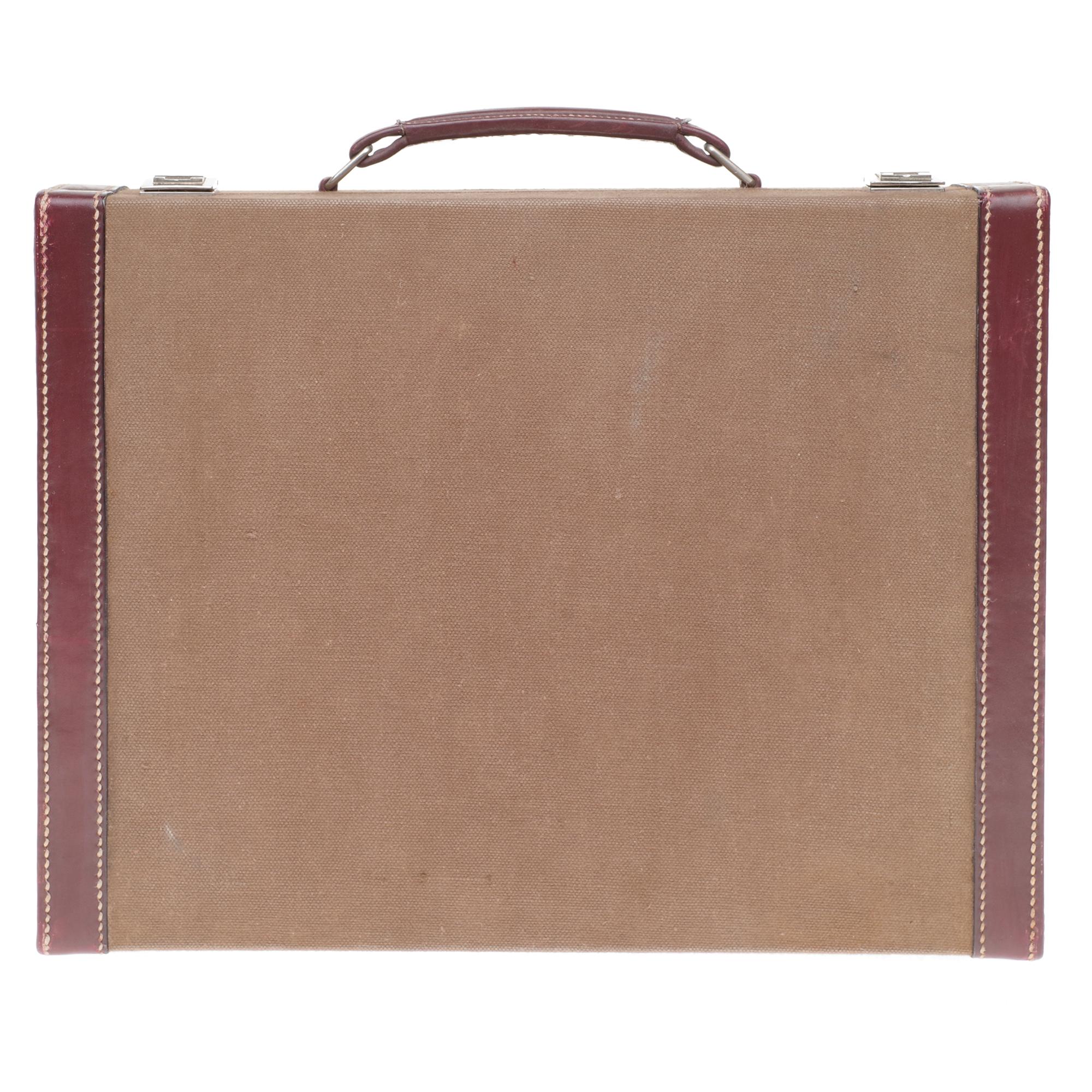 Beige RARE Collector Hermès Toiletry hard Case in beige canvas and burgundy leather 