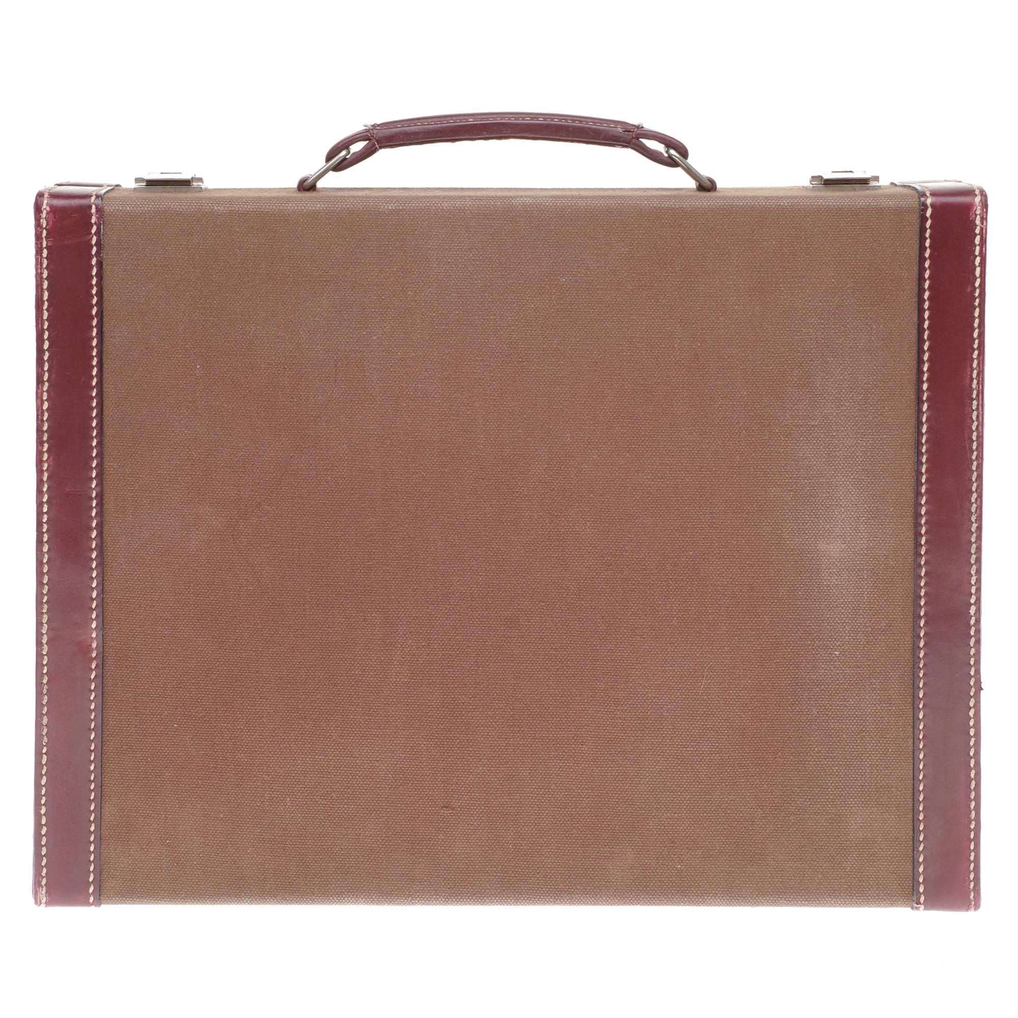 Women's RARE Collector Hermès Toiletry hard Case in beige canvas and burgundy leather 