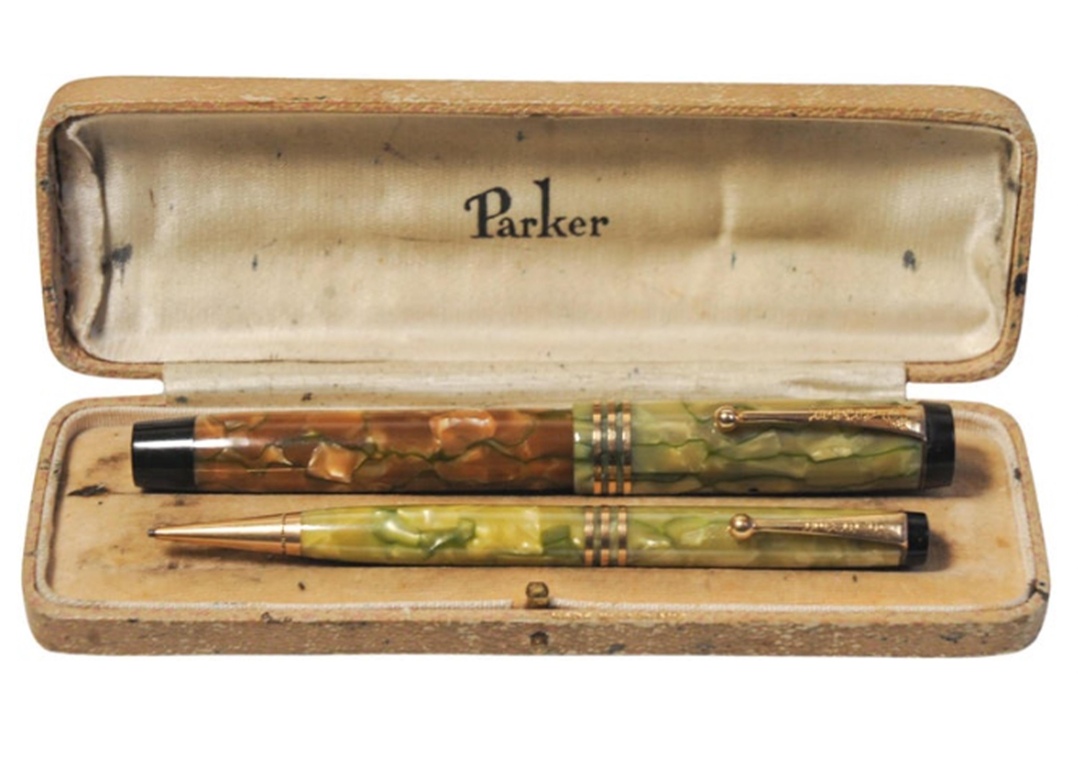 Parker Duofold Marbleized Fountain Pen & Pencil Set 1930's Rare Collectors Set For Sale 3