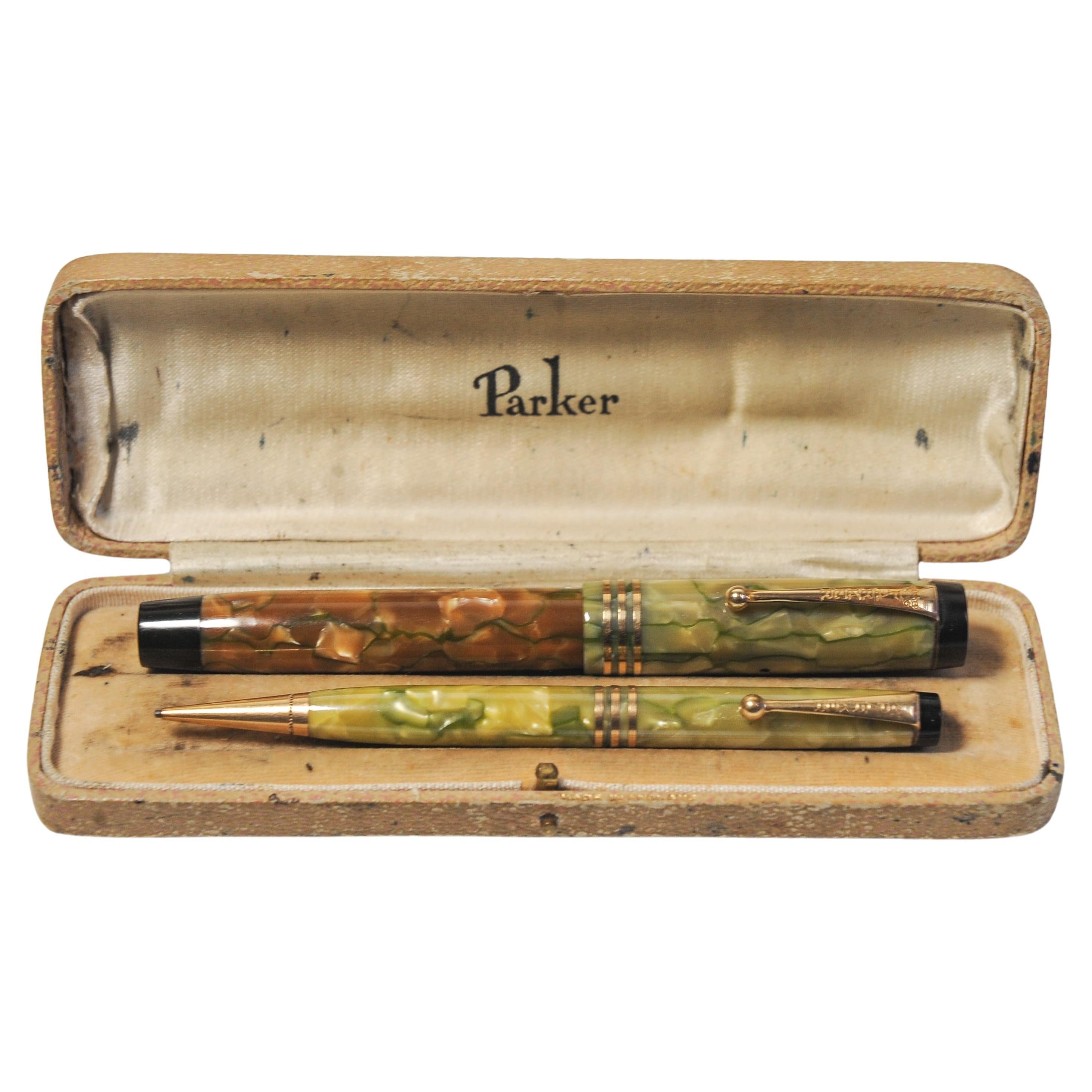 Rare Set Collector Art Deco Parker Duofold Marbleised Fountain Pen & Pencil Set
