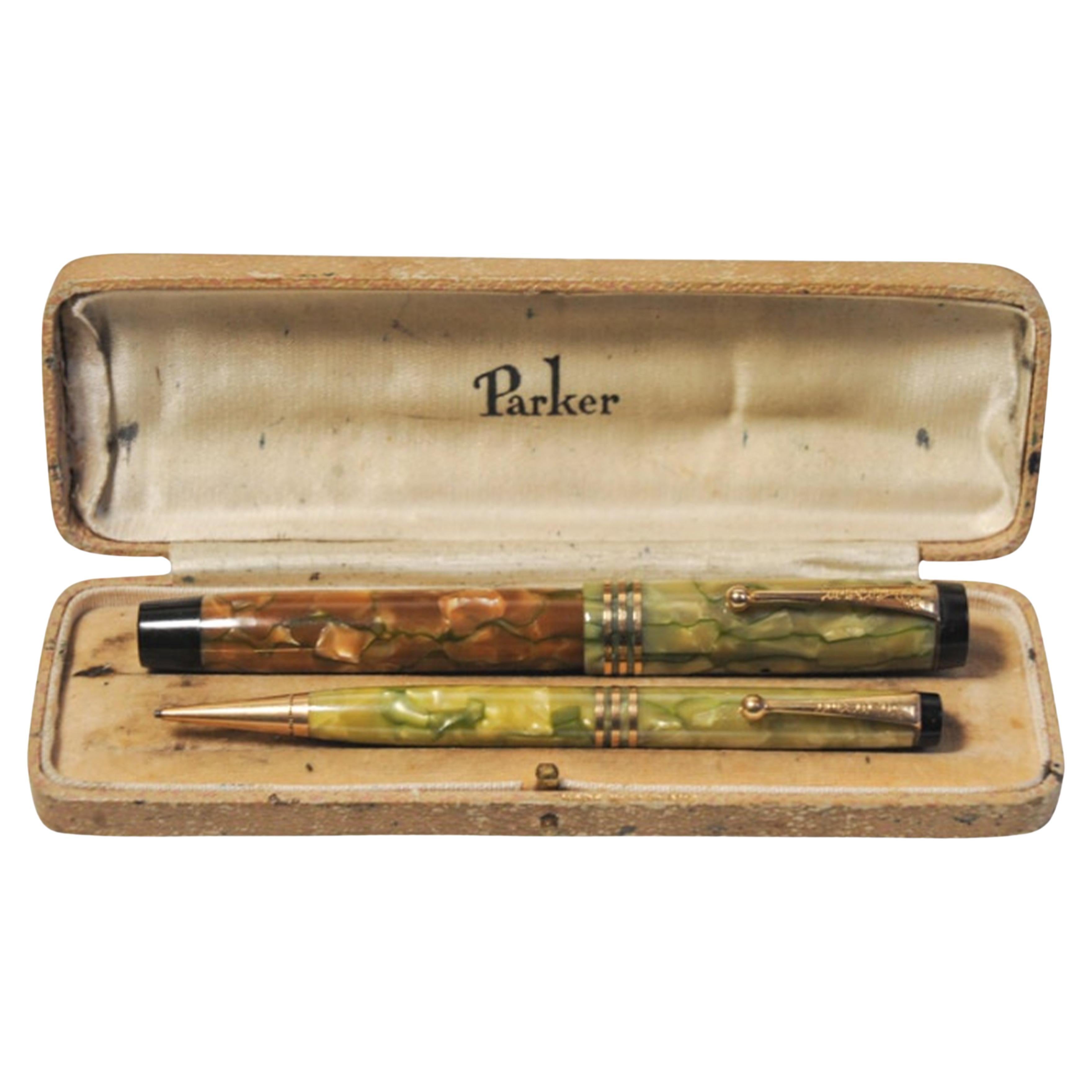 Ensemble de stylos et crayons Parker Duofold marbré des années 1930, rare pour collectionneurs