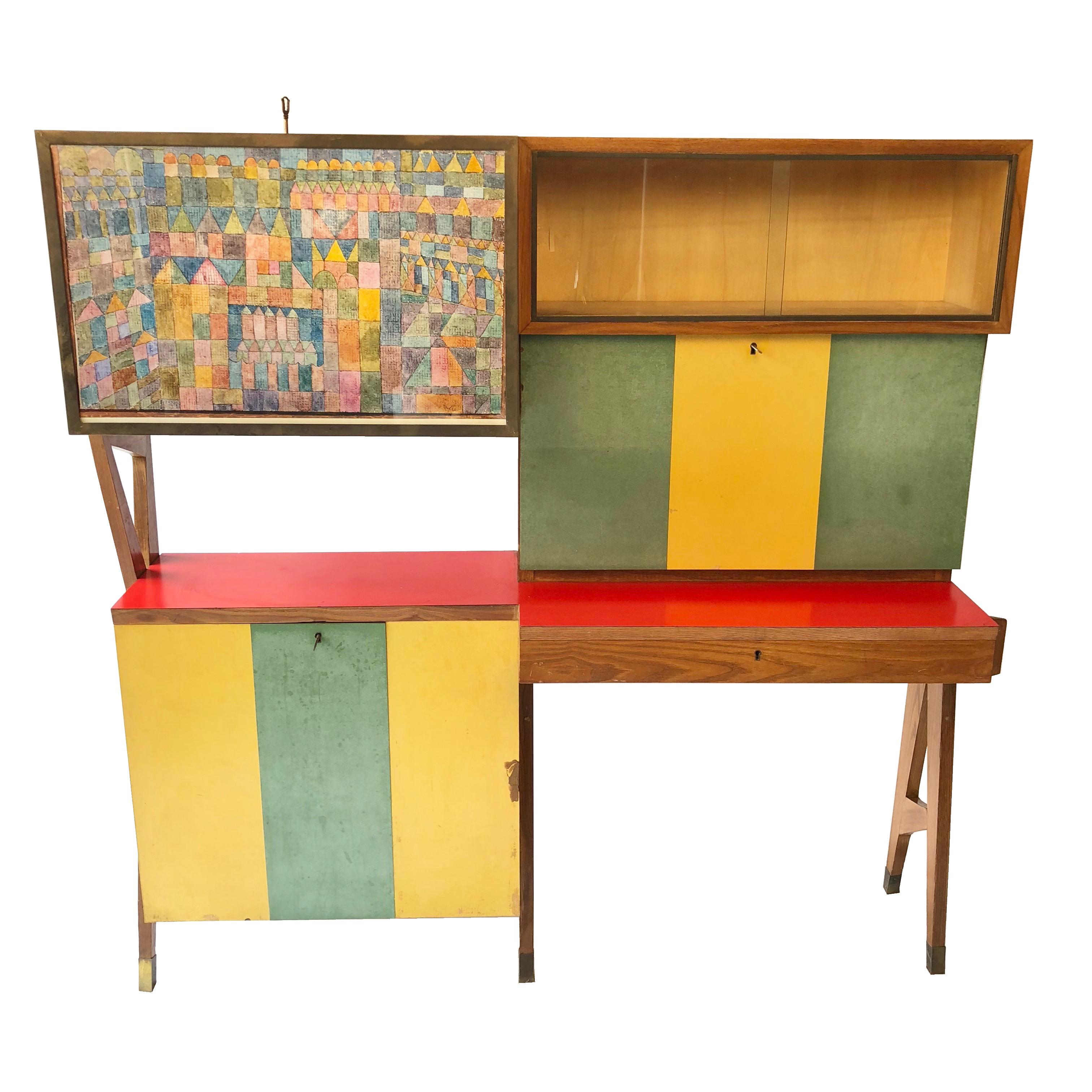 Rare Colored Italian Dry Bar Cabinet and Secretary Mid-Century Modern In Good Condition For Sale In Rome, IT