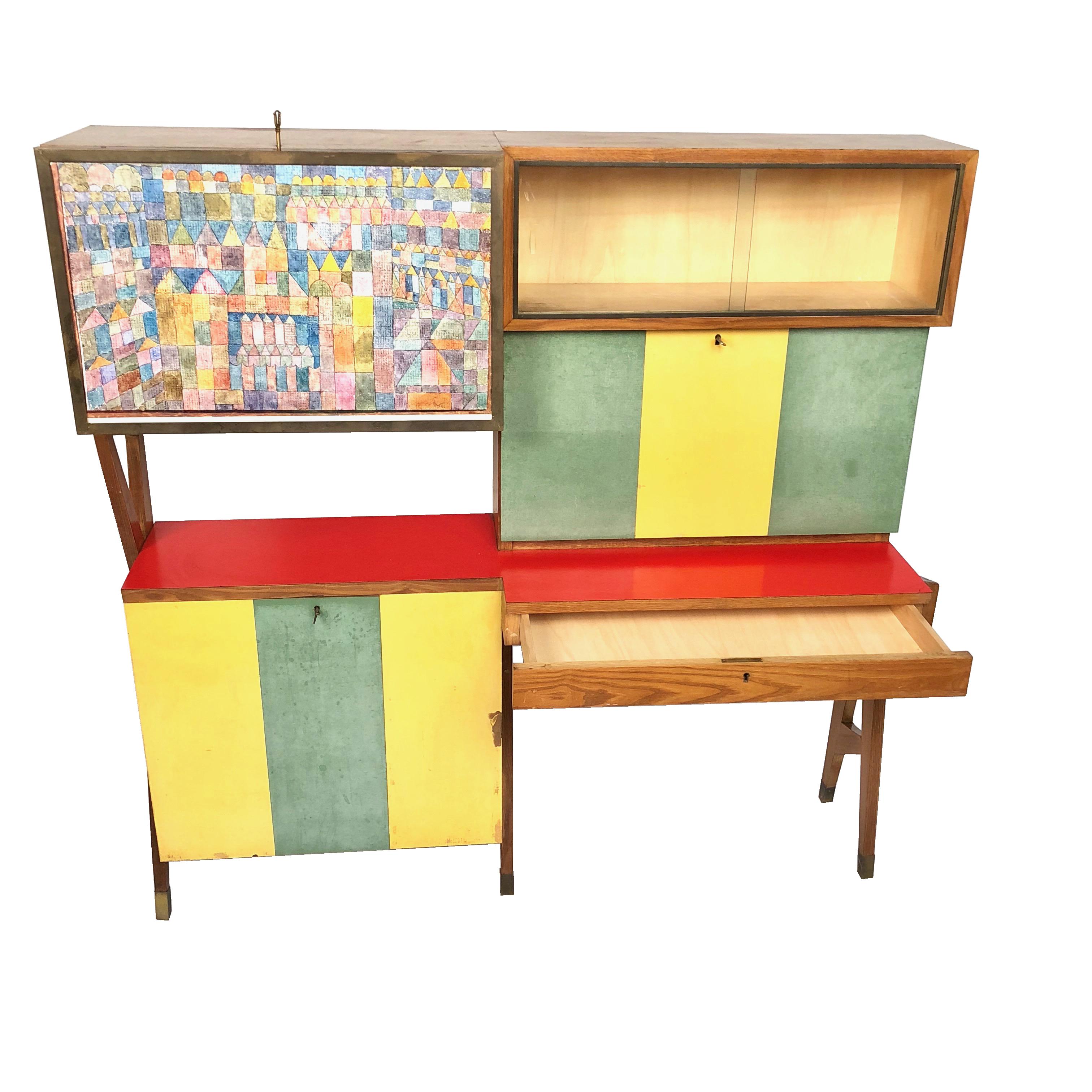 Mid-20th Century Rare Colored Italian Dry Bar Cabinet and Secretary Mid-Century Modern For Sale