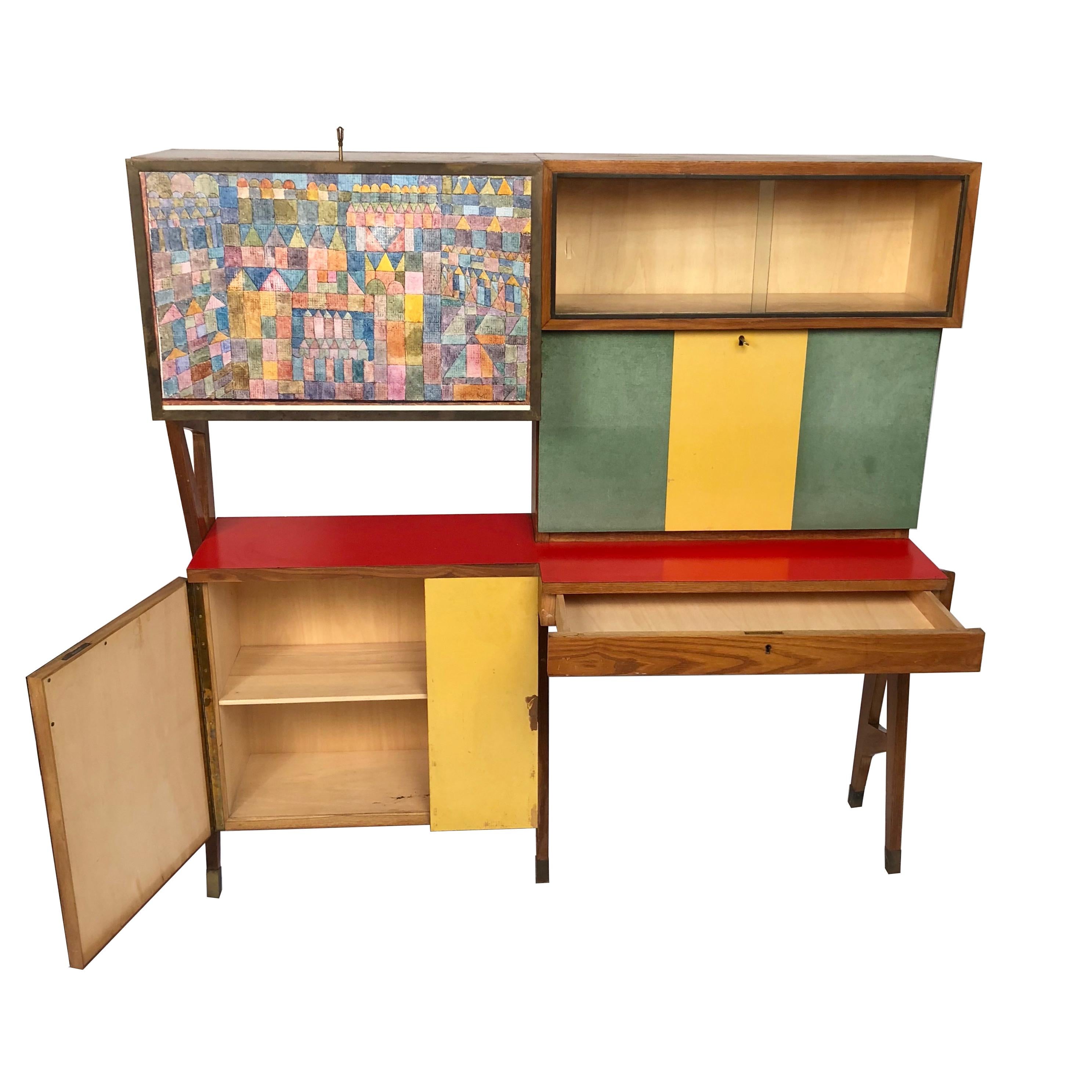 Brass Rare Colored Italian Dry Bar Cabinet and Secretary Mid-Century Modern For Sale