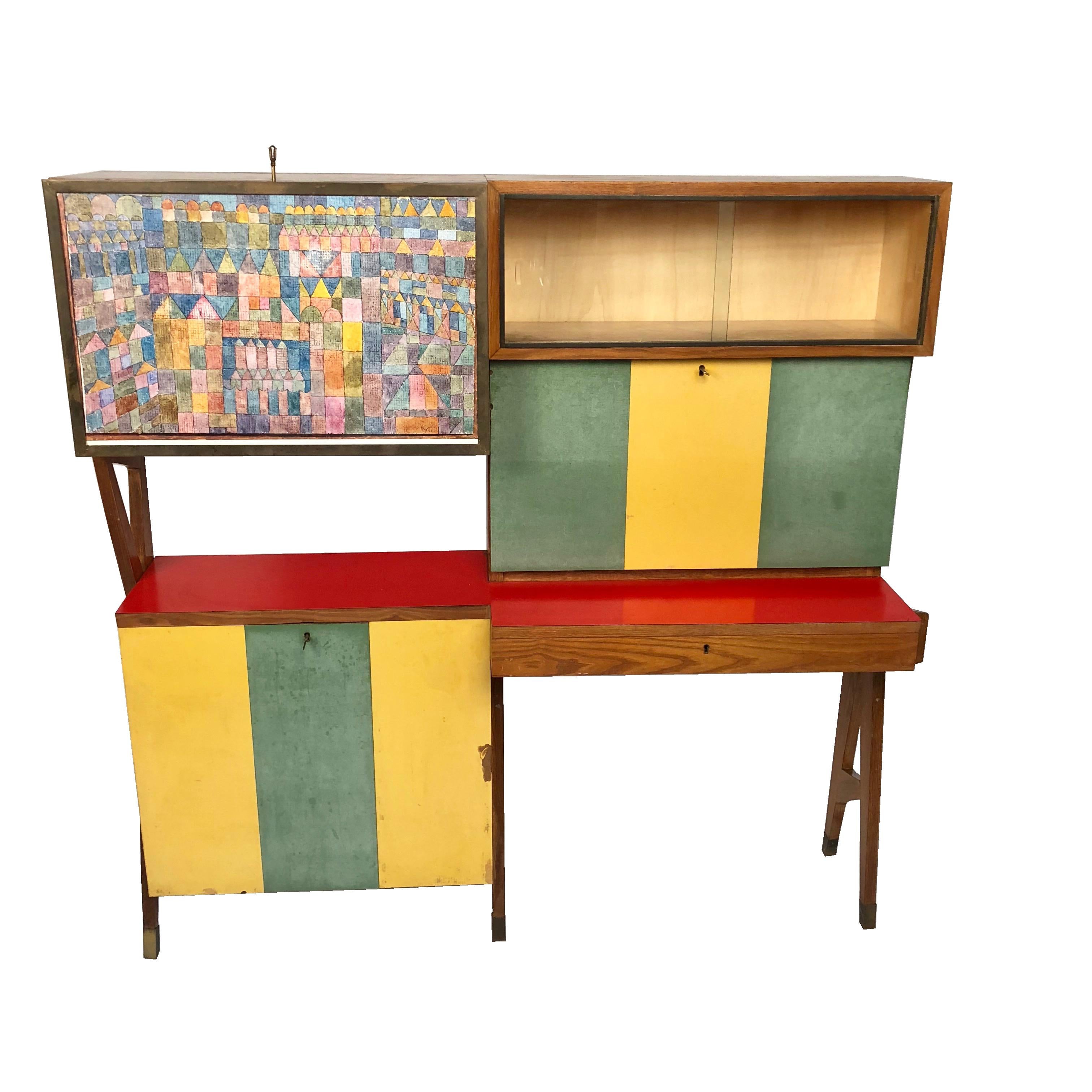 Rare Colored Italian Dry Bar Cabinet and Secretary Mid-Century Modern For Sale