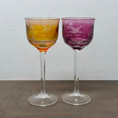 Rare Colored Moser Wine Glasses Hunting Engraved Pattern Birds, Vintage Pair