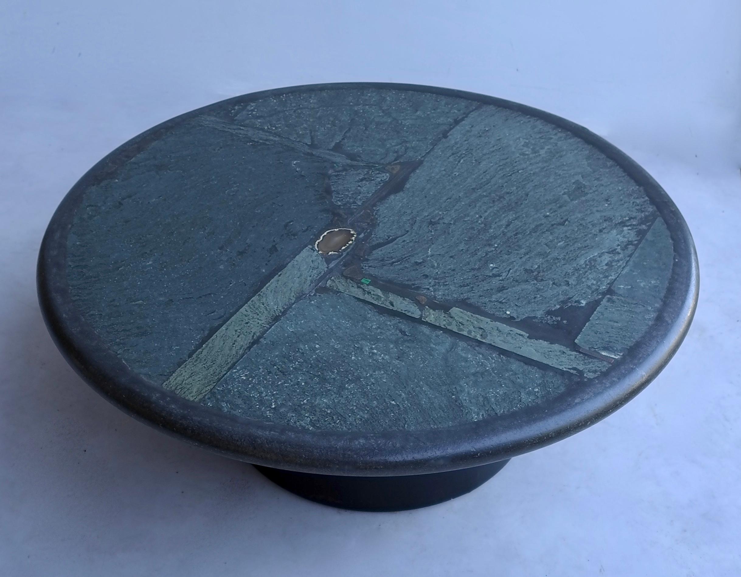 Rare colored Paul Kingma round art coffee table in green stone with Agate 

The table is signed by the artist in a brass plaque.