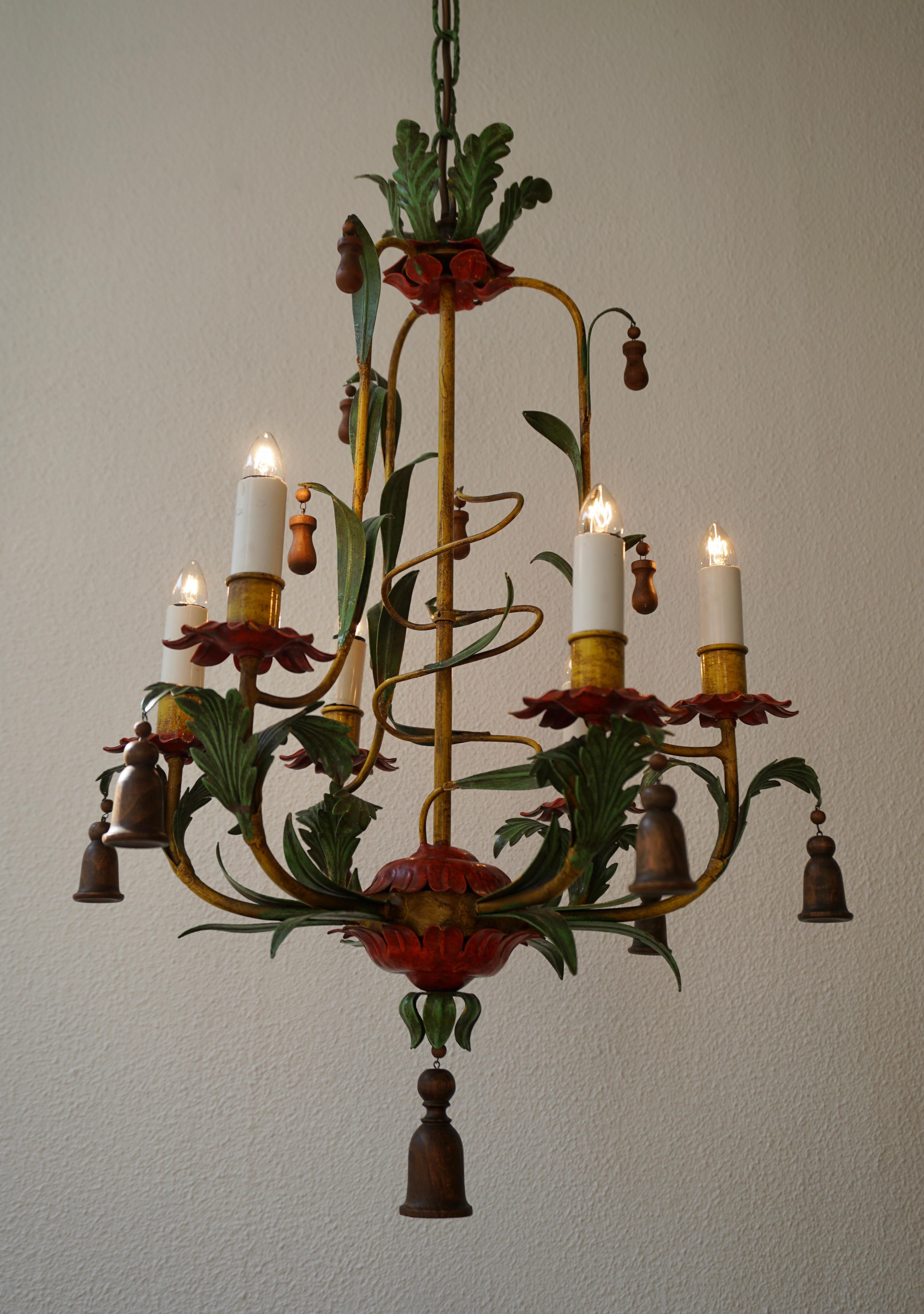 Rare Colorful Painted Tole Chandelier For Sale 3
