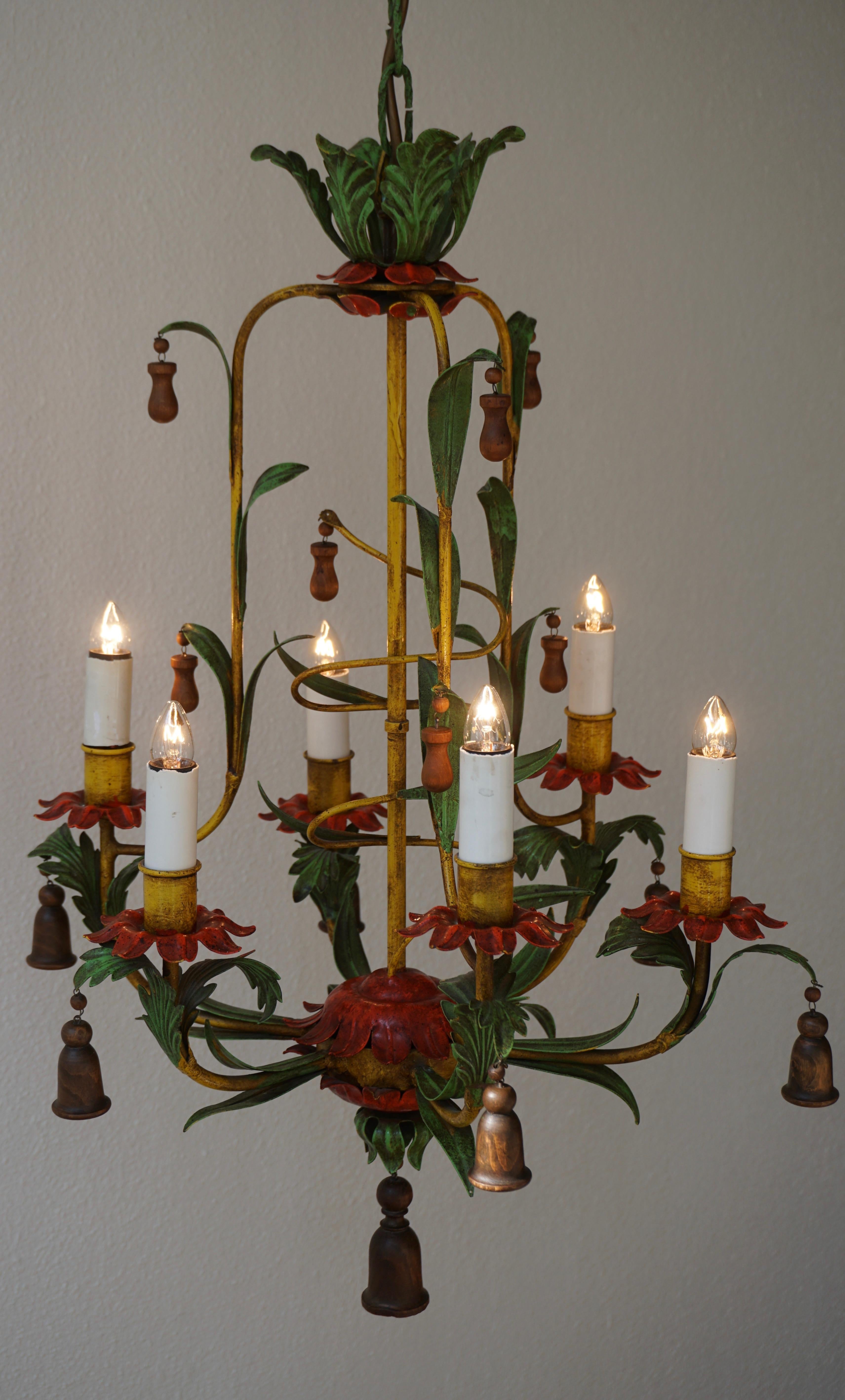 Rare Colorful Painted Tole Chandelier For Sale 4