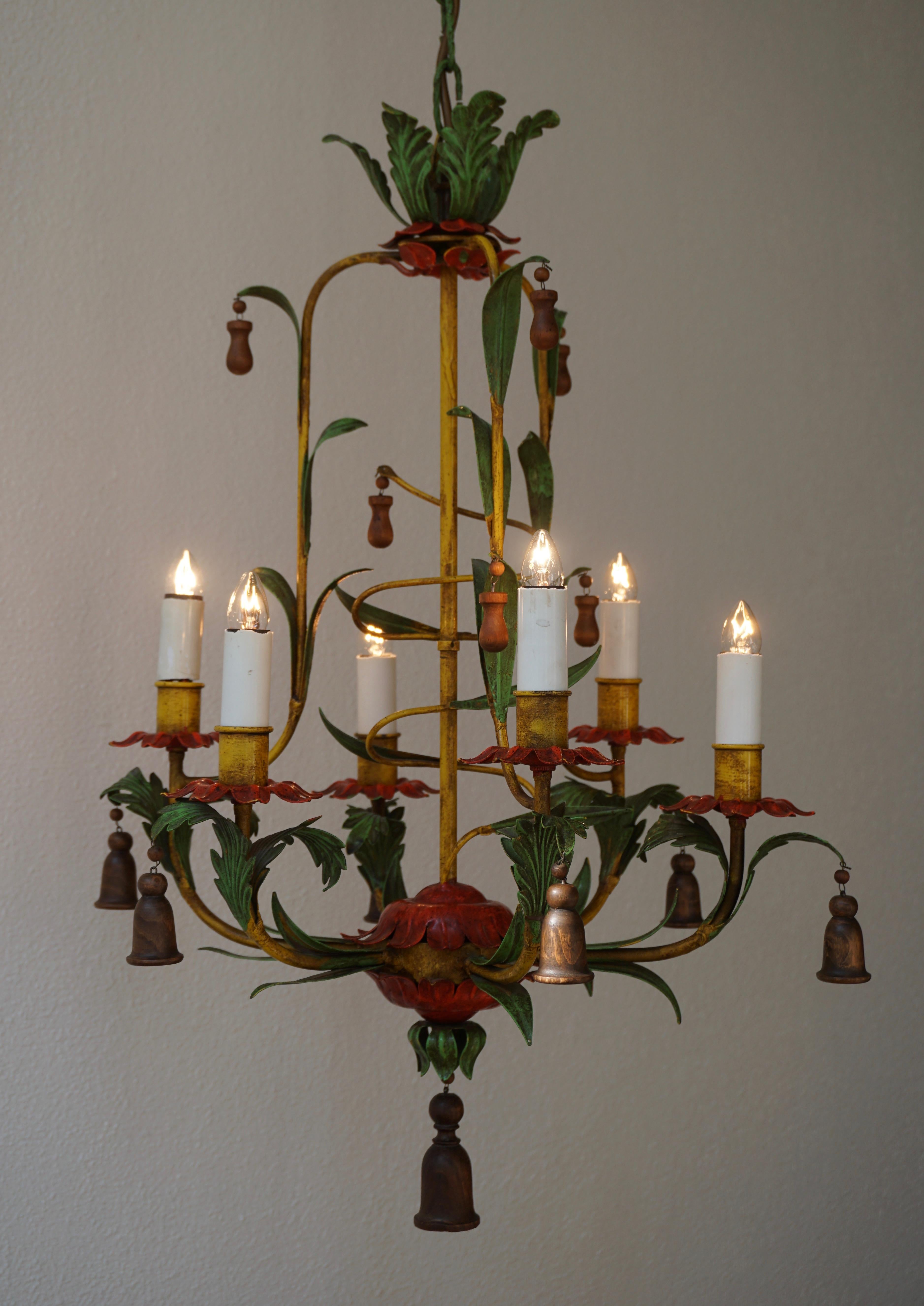 Rare Colorful Painted Tole Chandelier For Sale 5