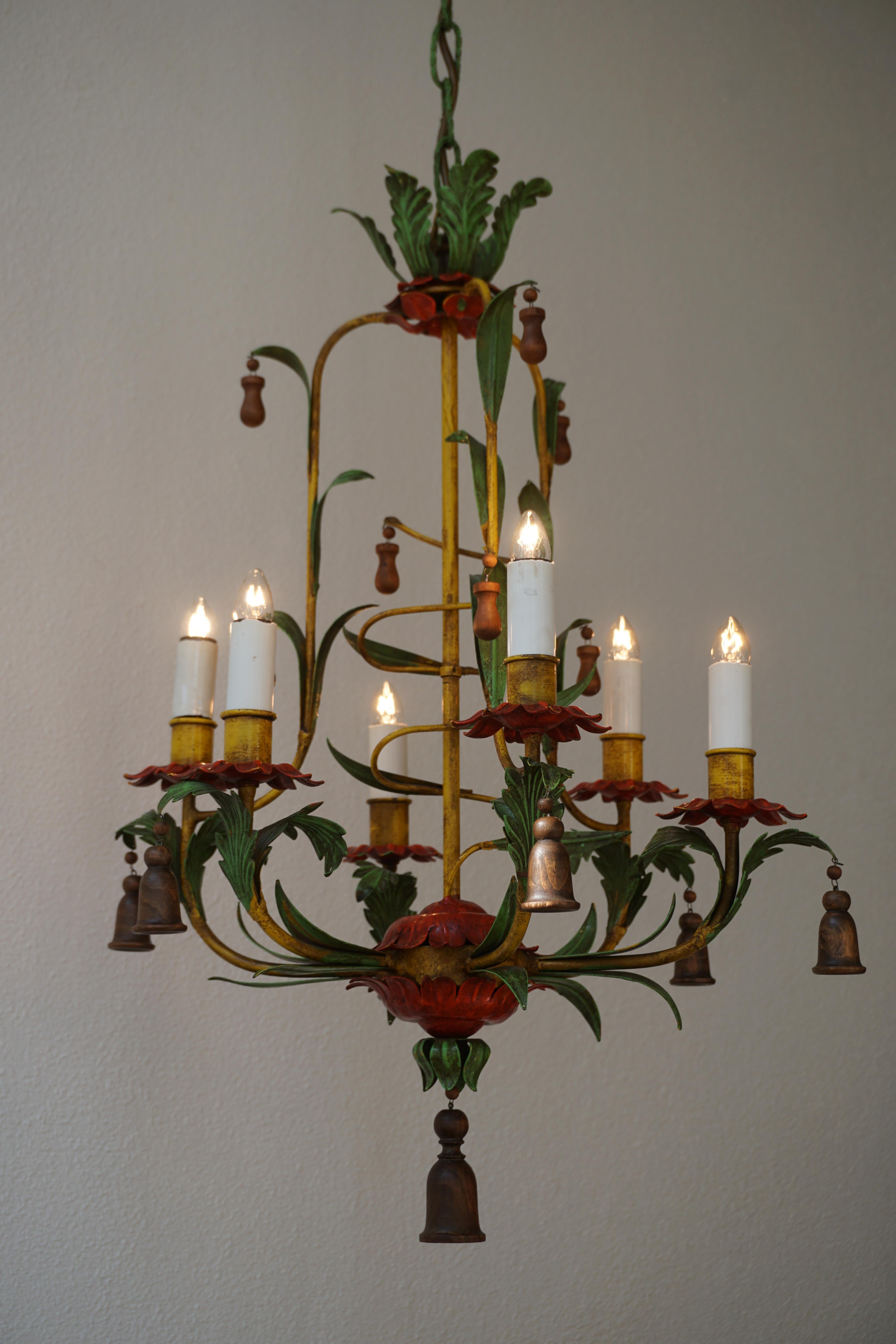Rare Colorful Painted Tole Chandelier For Sale 6