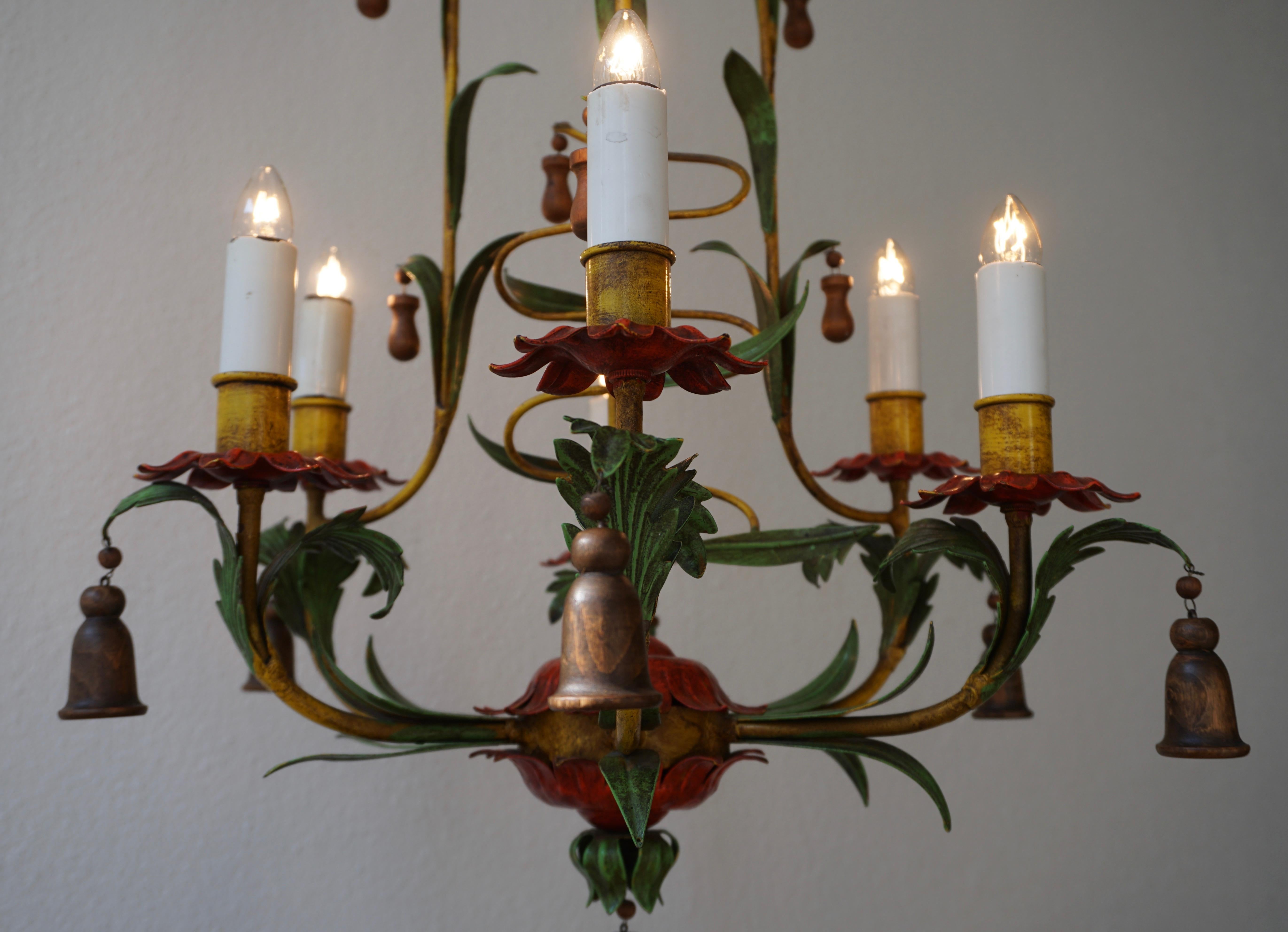 Rare Colorful Painted Tole Chandelier For Sale 7
