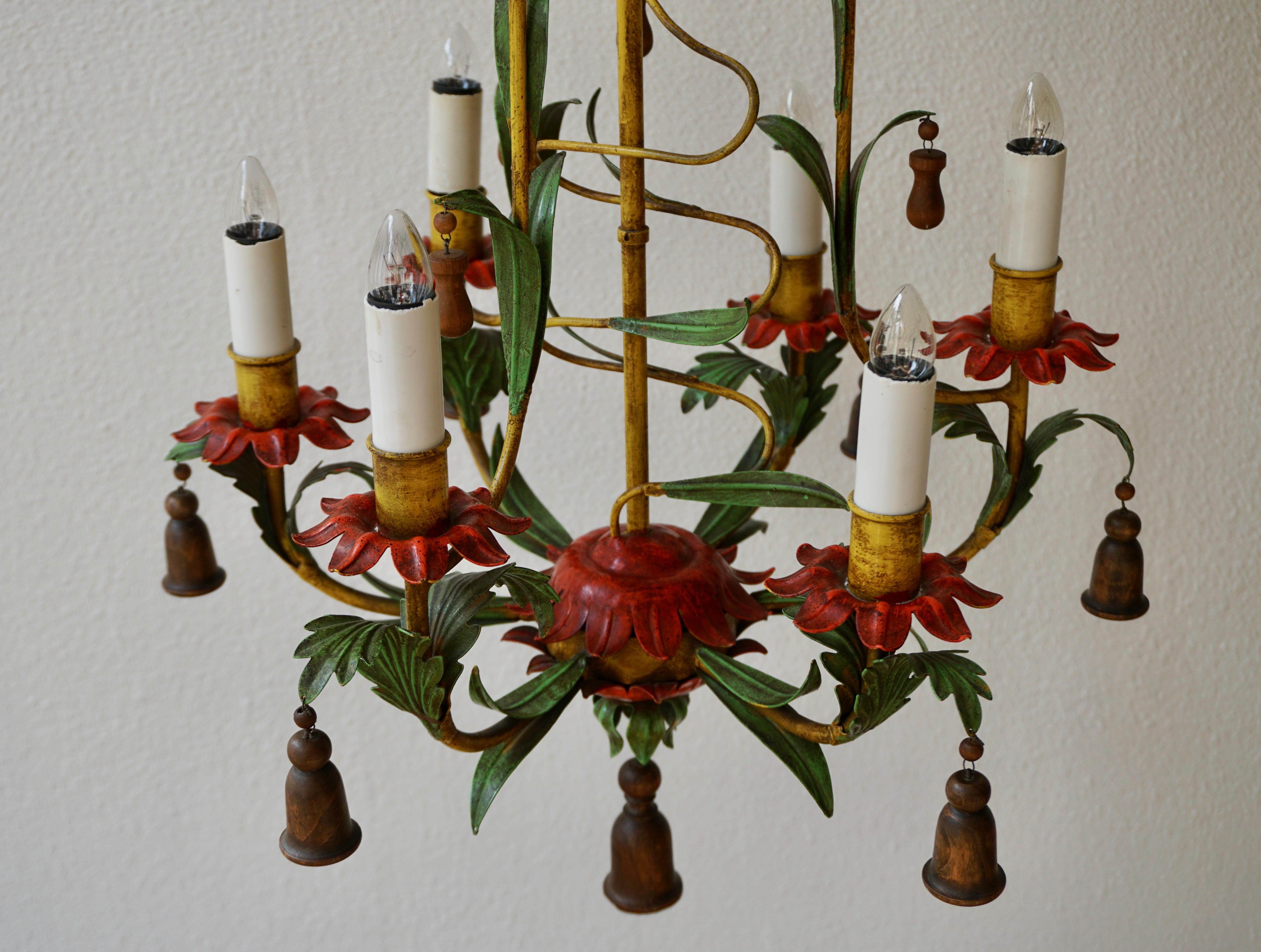 Rare Colorful Painted Tole Chandelier For Sale 10