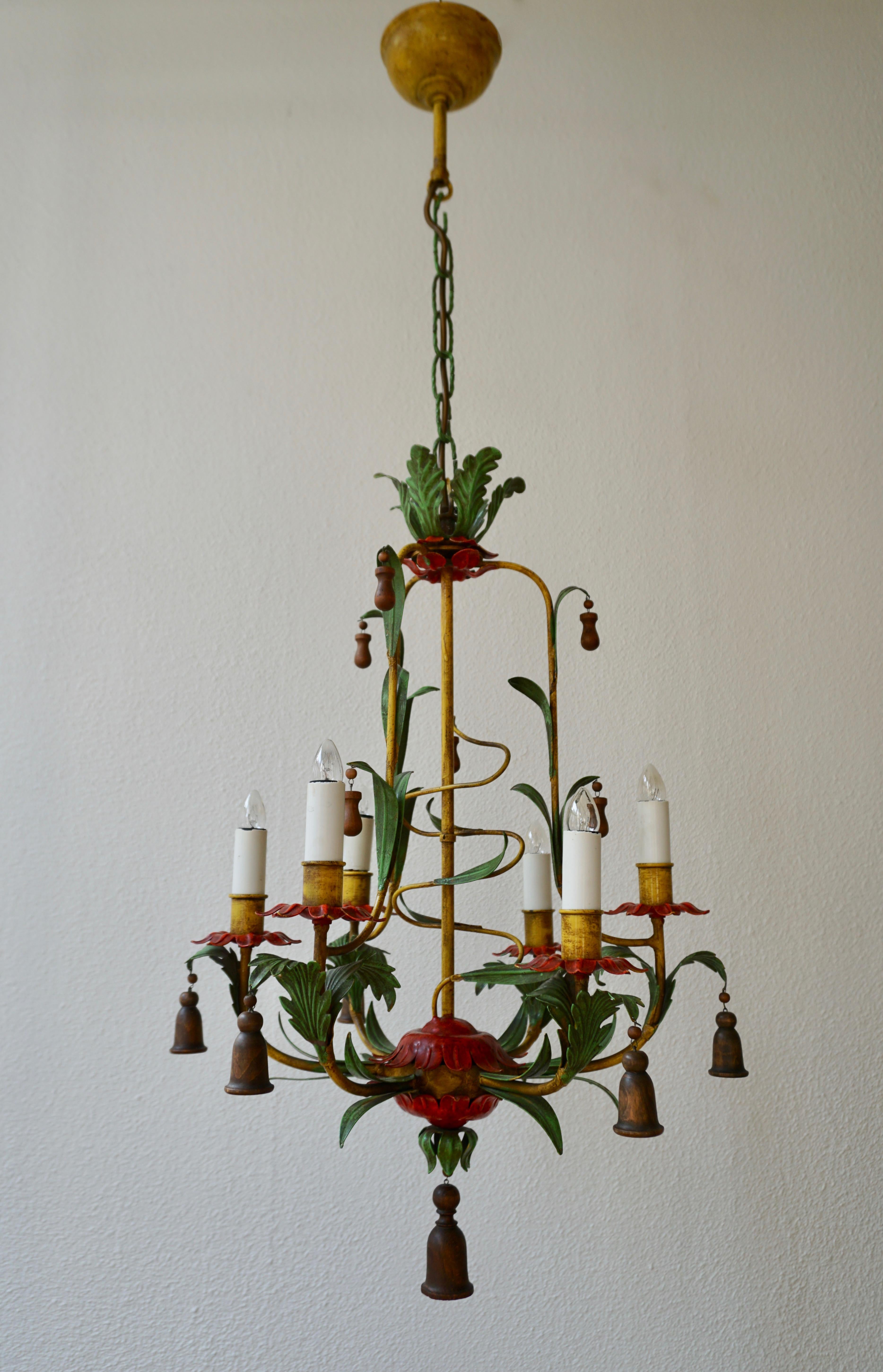 European Rare Colorful Painted Tole Chandelier For Sale